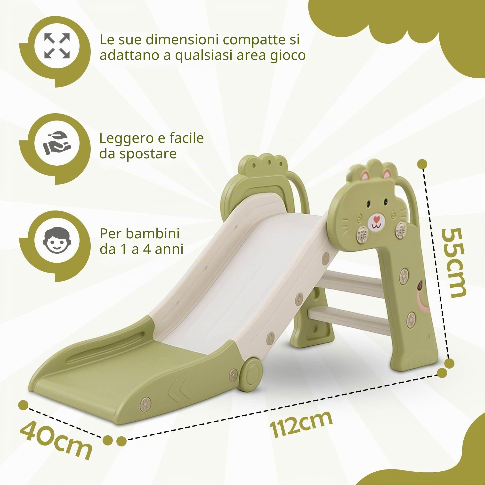 Scivolo per Bambini da Esterno e Interno Pieghevole 1-4 Anni - Certificato CE, Struttura Stabile, Gradini Antiscivolo, Montaggio Rapido, Salvaspazio, 112x49x55 cm, Verde/Bianco