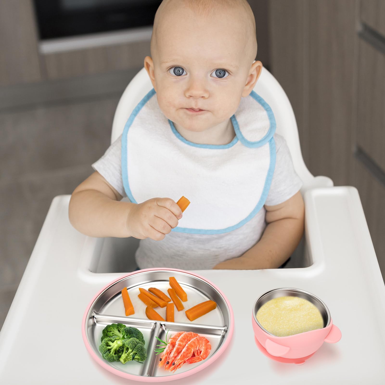 CLDY - Juego de 4 platos y cuencos de acero inoxidable para bebés - Con base de placa de succión 100% de silicona, juego de cena con platos de destete para niños pequeños - Platos divisores irrompible