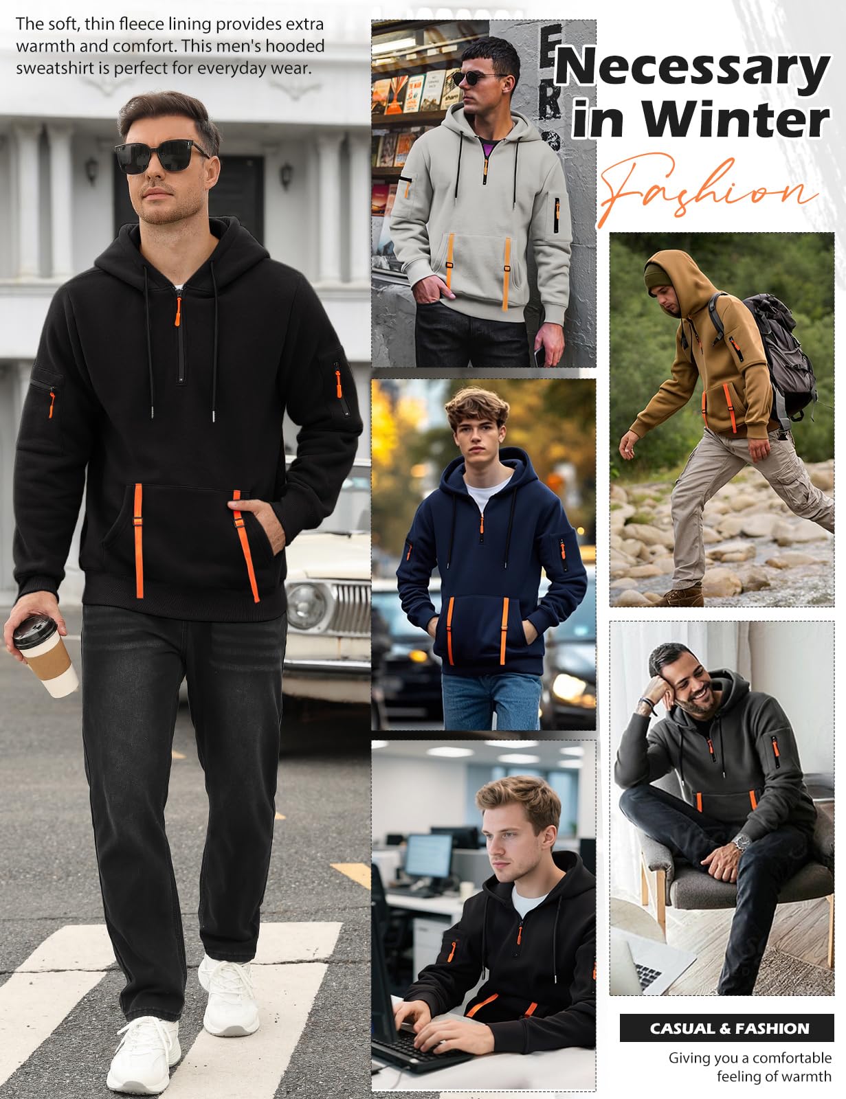 Voqeen Felpa Uomo con Cappuccio Quarto di Zip Coulisse Felpe in Pile Manica Lunga Hoodie Causale Loose Fit 1/4 Zip Sport Tracksuit Top con Tasche A Canguro
