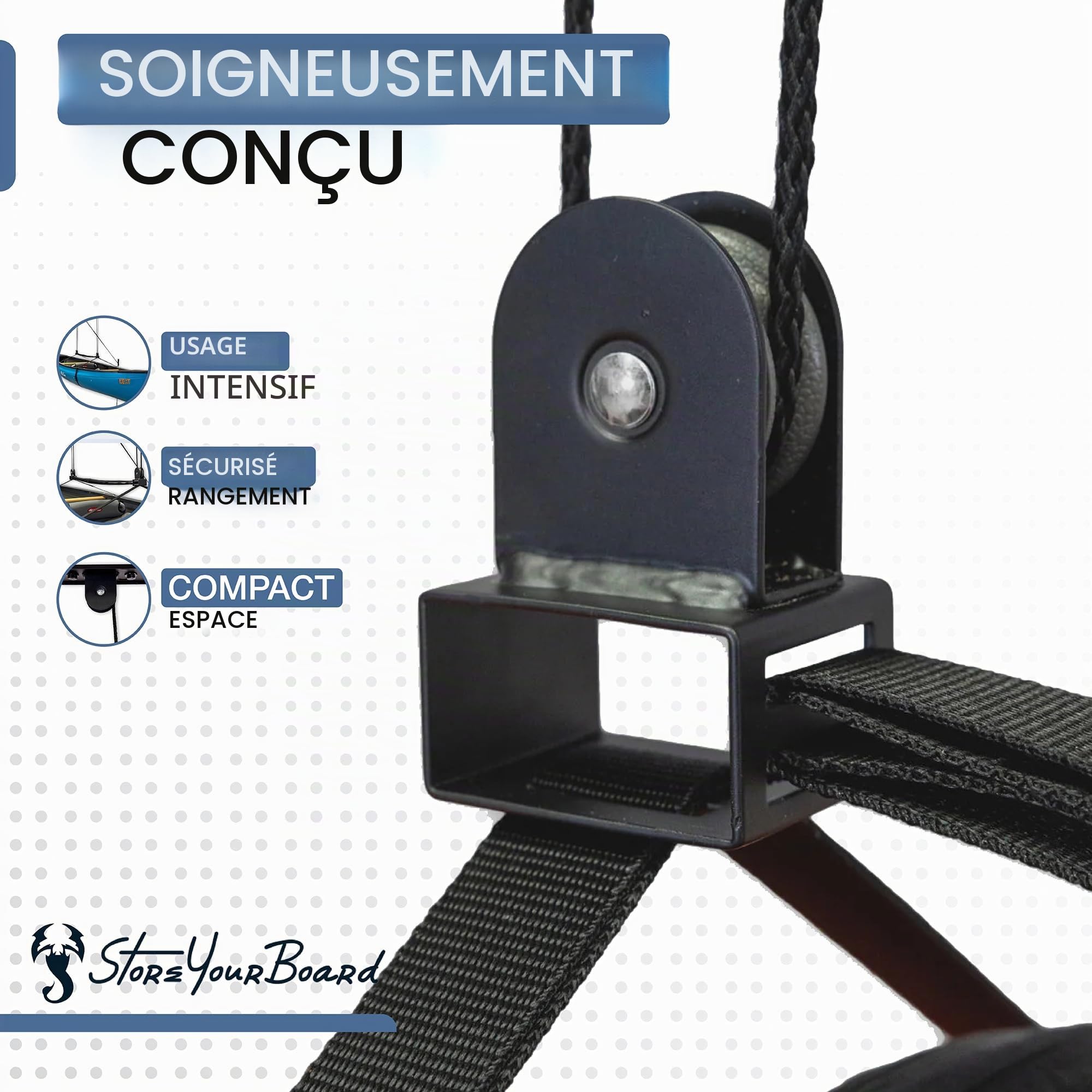 StoreYourBoard Poulie de rangement pour échelle de plafond de garage, système de levage intérieur, robuste, peut supporter 68 kg