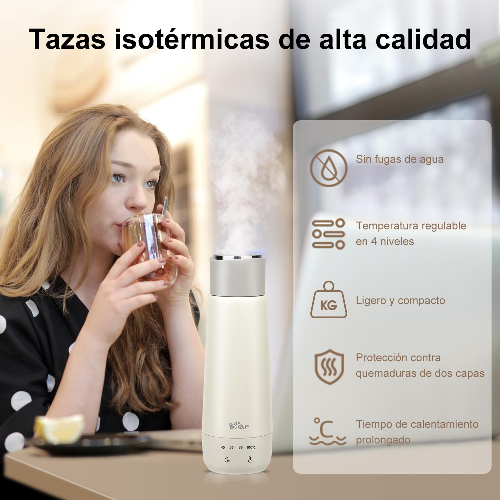 Bear 300ml 4-Temperaturas Hervidor de Agua Eléctrico, tres en uno, Hervidor de Viaje Doble Capa 304 Tanque Interior de Acero Inoxidable Portátil Pequeño Vaso Térmico Rápido