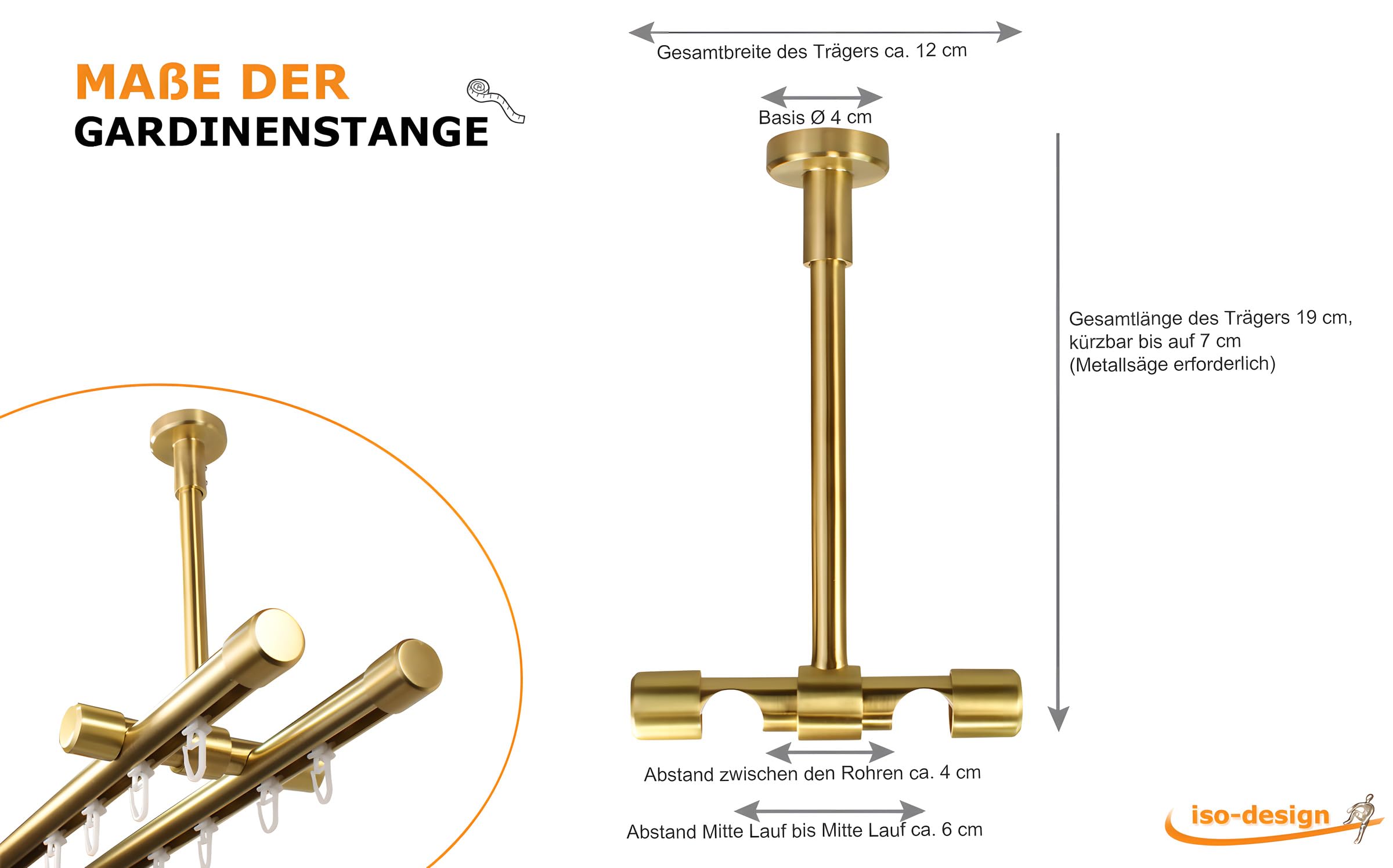 iso-design Innenlauf Gardinenstange 2-läufig zur Deckenmontage Farbe Messing matt 20 mm, großer Deckenabstand, Deckenhalter kürzbar, Endstück Kappe, 320 cm (2 x 160 cm)