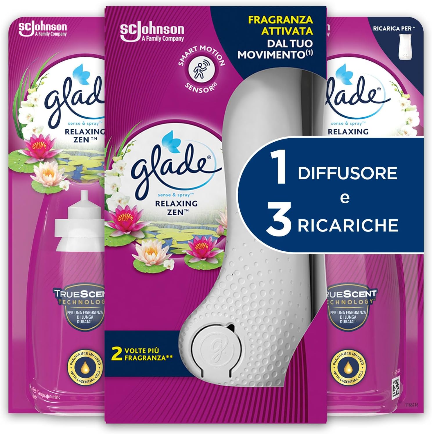 Glade Sense & Spray Air Freshener with Essential Oils and Motion Sensor, Relaxing Zen Fragrance, 1 Base + 3 Refills