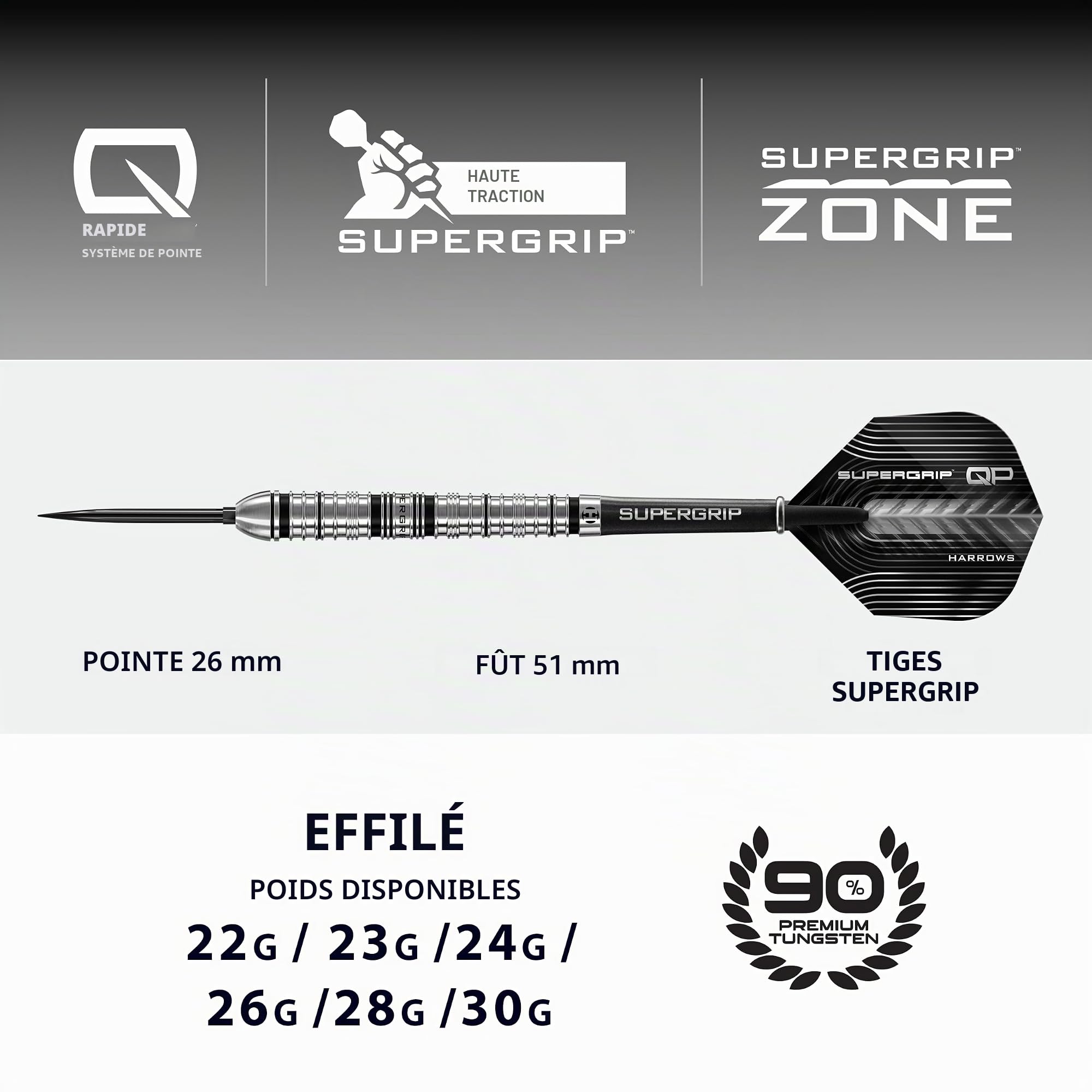 Harrows Jeu de fléchettes SuperGrip QP coniques 90 % tungstène | Ensemble de fléchettes avec pointe en acier avec système de changement de pointe rapide | 22 g, 23 g, 24 g, 26 g, 28 g et 30 g |