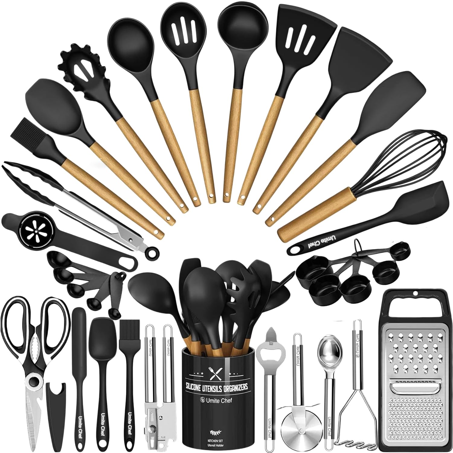 Küchenutensilien-Set - 34-teiliges Silikon-Kochutensilien mit Halter, Umite Chef hitzebeständiges Küchenhelfer-Set für antihaftbeschichtetes Kochgeschirr, schwarze Holzgriffe, Küchenhelfer-Set