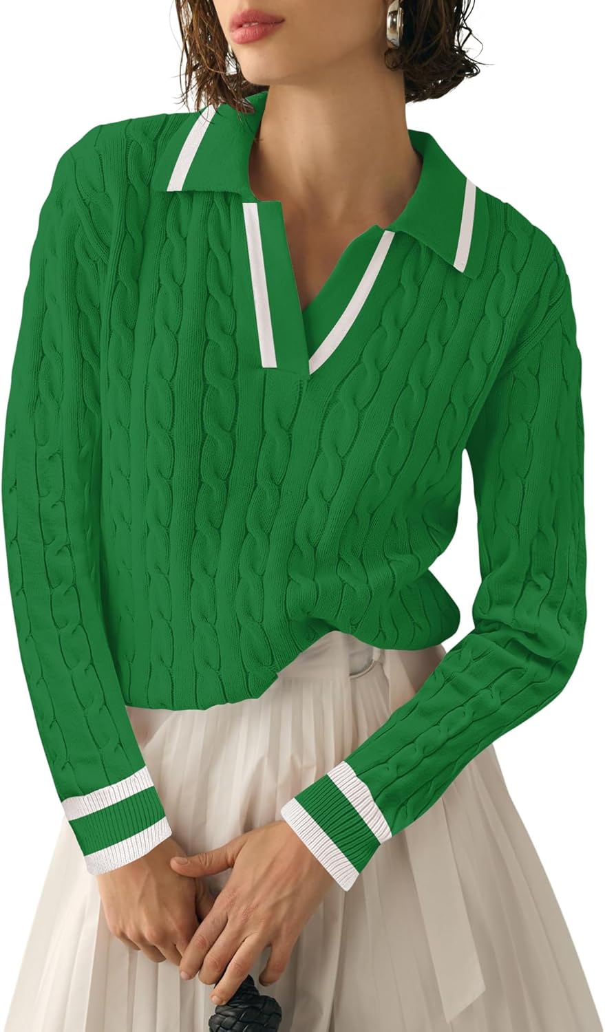 Micoson Womens Fall Long Sleeve Sweaters Lapel V Neck Cable Knitted Pullover Casual Soft Jumper Top