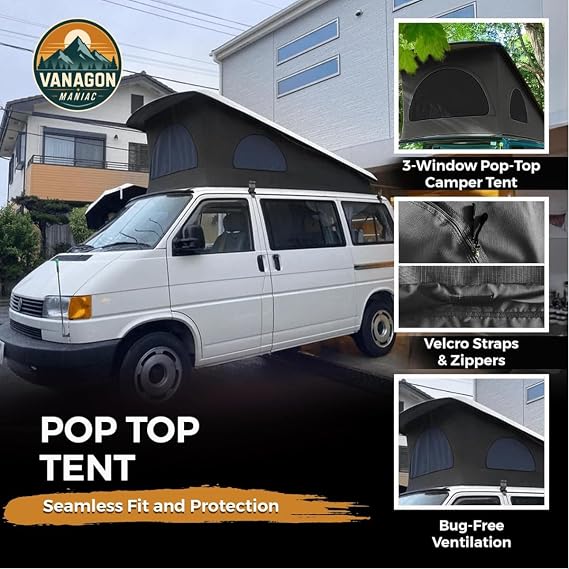 Roof Top Tent Camping 3 Window Roof Tent Pop Top Camper Dim Gray Canvas Compatible with VW T4 Eurovan Weekender Short Wheel Based SWB Camper - Black Mosquito Net, 2 Person Rooftop Tents