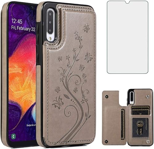 Funda de teléfono para Samsung Galaxy A50 con protector de pantalla de vidrio templado y tarjetero con soporte para tarjetero, accesorios de cuero