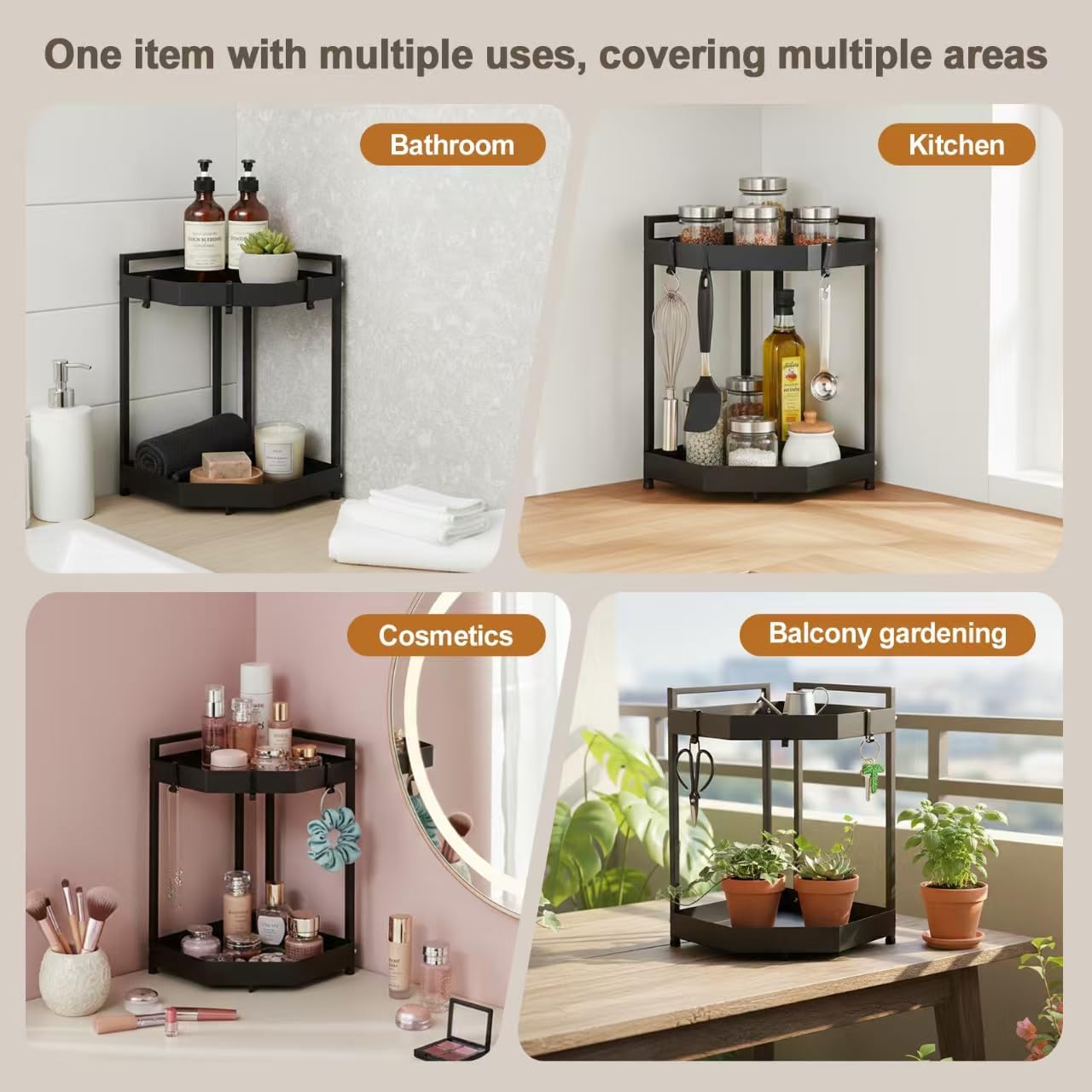 MQFAJN 2 Tier Carbon Steel Black Corner Shelf, Corner Bathroom Counter Organizer 16.93in Length*18.11in Height, for Kitchen Office Bathroom Corner Shelf