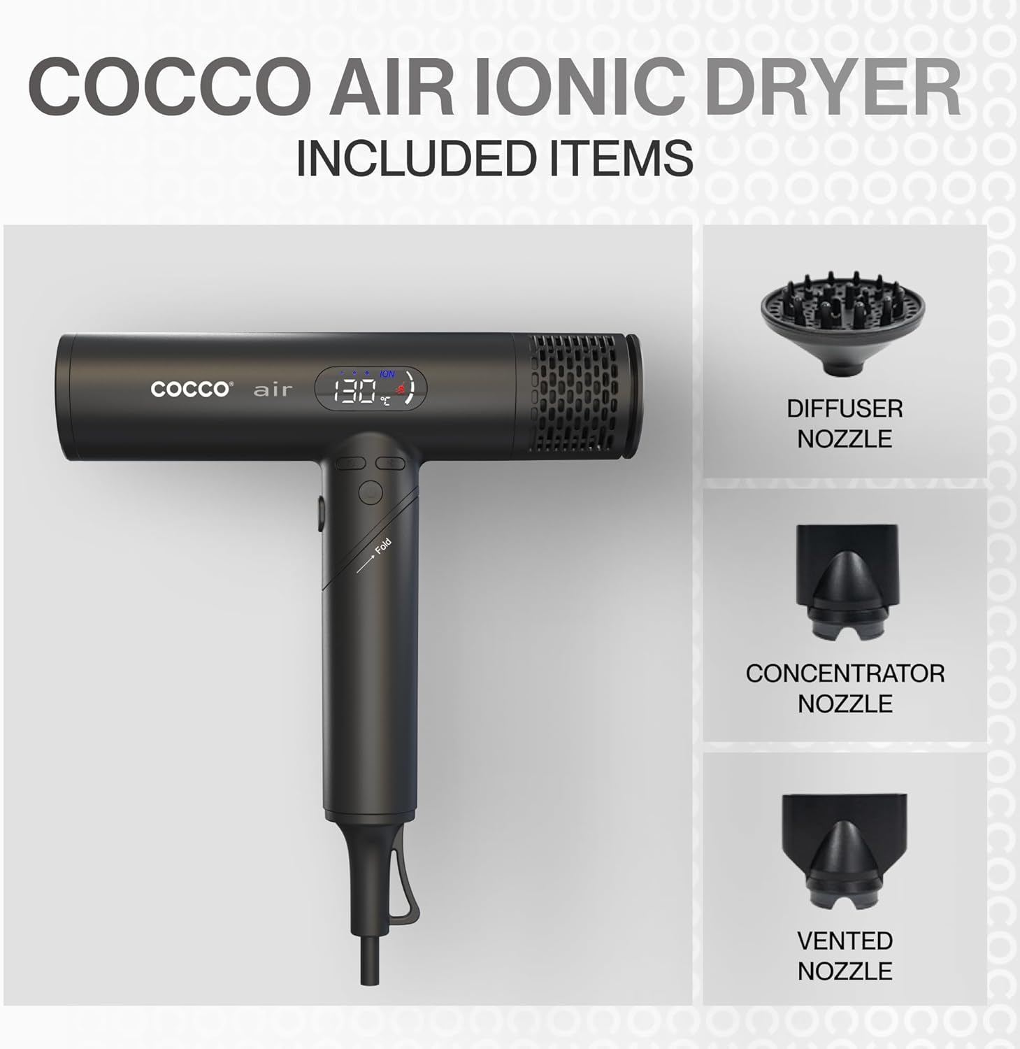 COCCO Iconic Air Ionic Hair Dryer Black – Professional High-Speed 110,000 RPM, Brushless Blow Dryer with Diffuser – Infrared Technology, 4 Heat Modes, Dual Voltage, Lightweight Salon Hair Dryer