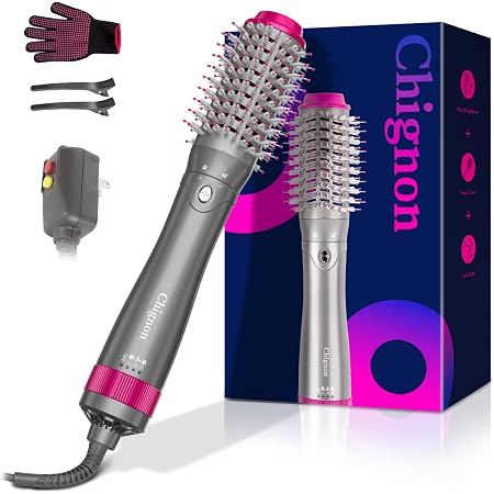 Amazon.com: Cepillo secador de pelo, cepillo de aire caliente, cepillo de  secador de chignon con dos cabezales de cepillo intercambiables, para secar,  peinar, peinar, alisar, rizar, temperatura ajustable y velocidad del viento  :
