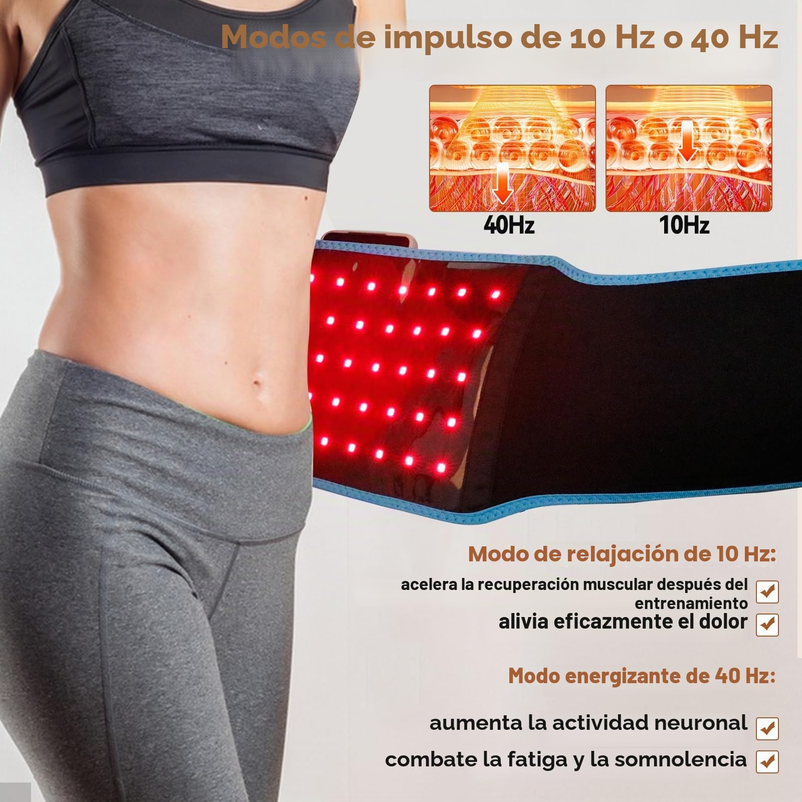 Cinturón de luz roja, 660 nm y 850 nm, con ajuste de temporizador, 5 niveles de luz, lámpara de terapia de luz roja ajustable para piernas, espalda, cintura, hombros, cuello