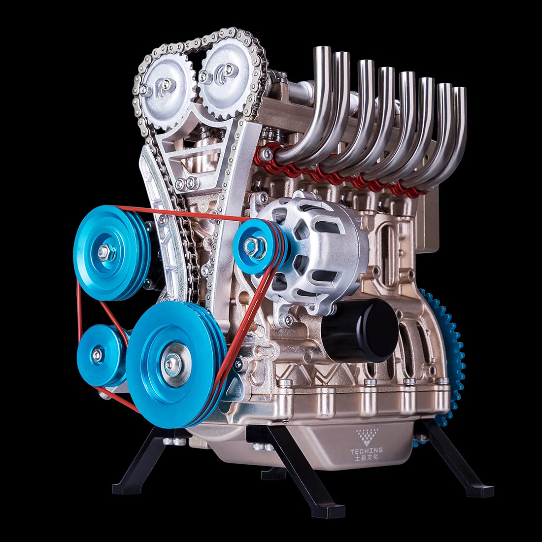 ToyGhillied Kit de construcción de motor de combustión, modelo de motor de cuatro cilindros en línea, kit de construcción de motor de coche completo de metal, juguete científico para experimentos de