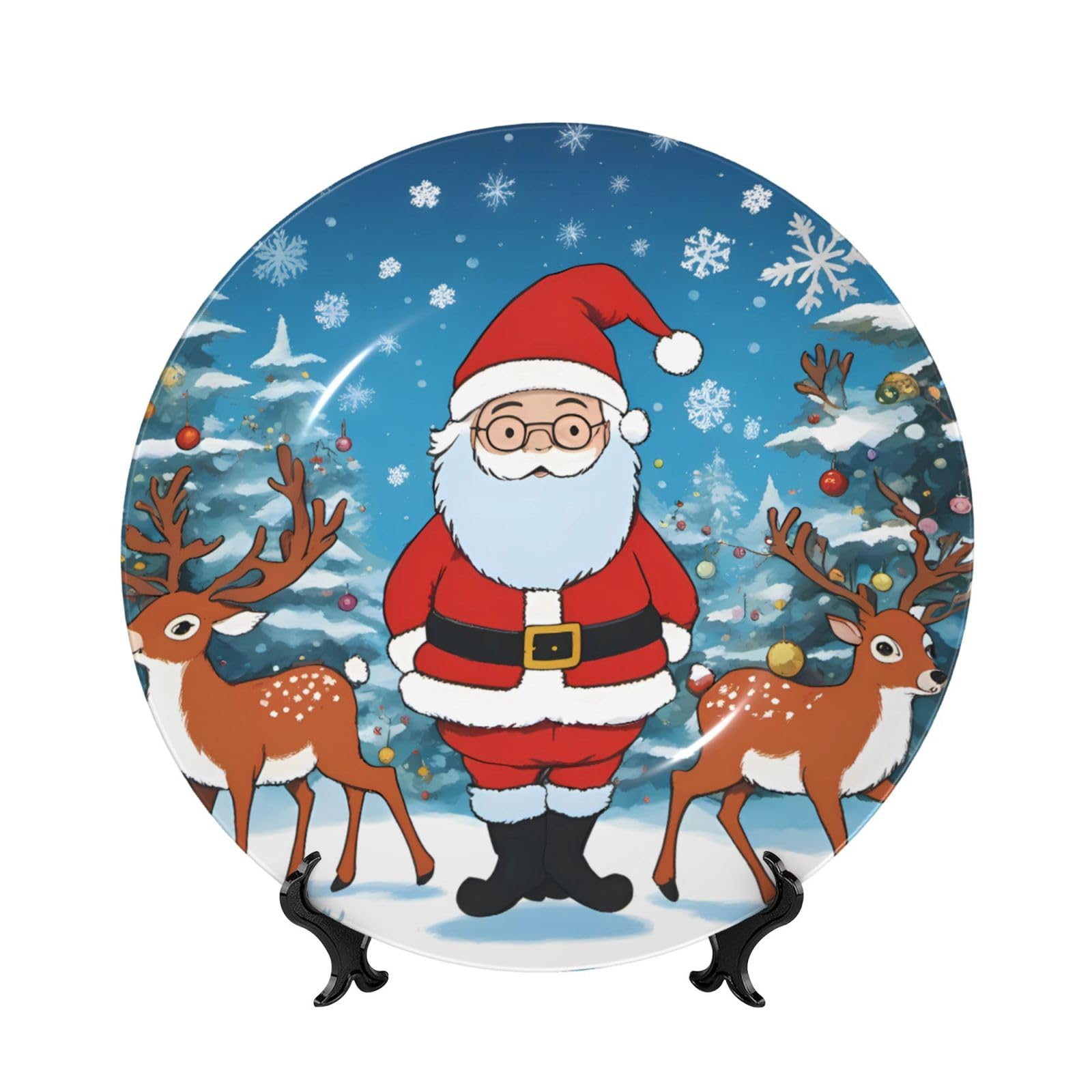 SXZVVBN Cute Christmas deer Bone China Decorative Plate Art with Stand Removable Adhesive Hanging for Home Office 7in