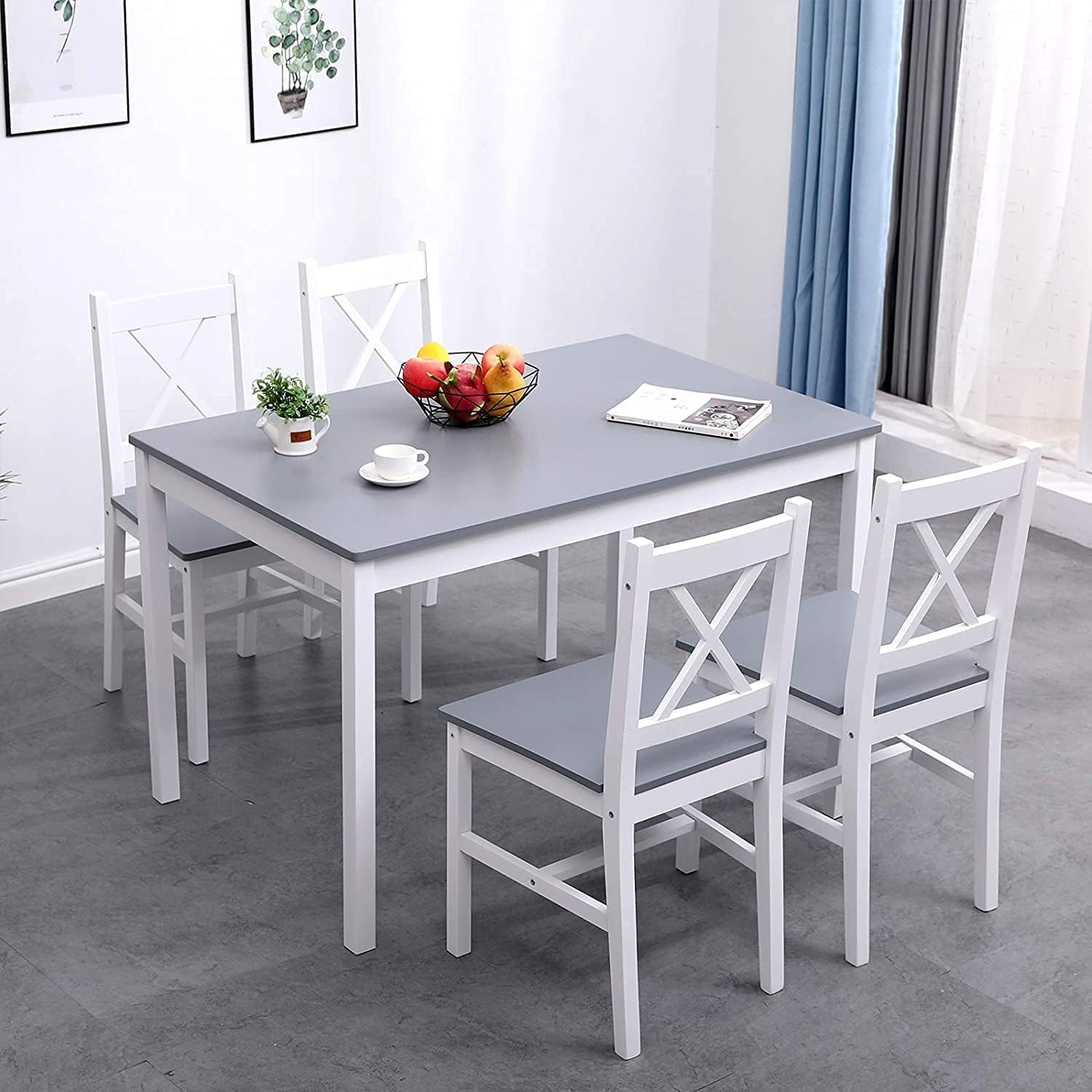 SogesPower Set da Pranzo per 4 Persone, Tavolo da Pranzo con 4 Sedie, Tavolo da Cucina in Legno, Tavolo da Pranzo e Sedie, Set di Mobili Salvaspazio per Cucina e Soggiorno, Grigio/Bianco