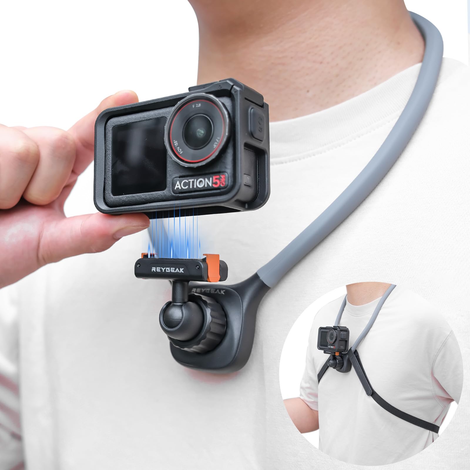 REYGEAK Mount per collo magnetico per DJI Osmo Action, montaggio per action camera POV, montaggio con cintura toracica regolabile compatibile con accessori DJI OSMO 360/Action 5 Pro/4/3