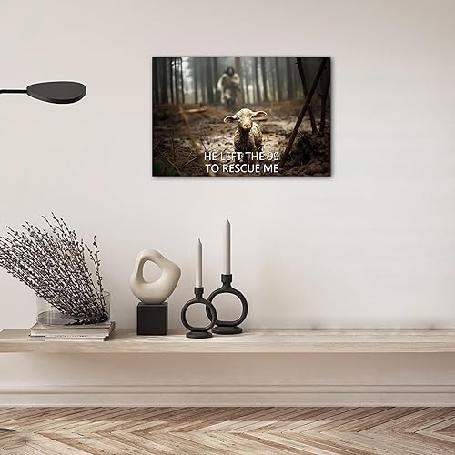Miniatura 2 de Lienzo decorativo para pared, diseño de Jesús con las ovejas, Jesús corriendo tras el cordero, Él dejó el 99 para rescatarme, Jesús pastor y oveja