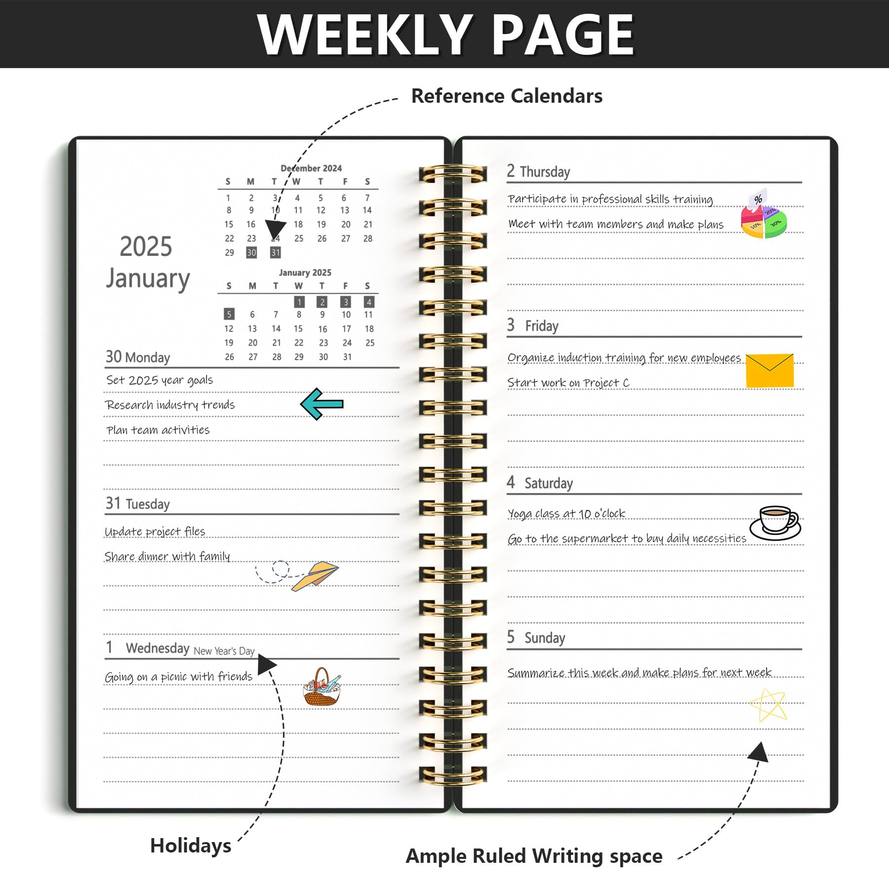 HAUTOCO Pocket Diary 2025 Planner - Diary 2025 Week to View, Spiral Bound Planner Appointment Work Book 17.1 x 9.6 cm Weekly Monthly Planner for Business Office Academic Personal Use, Black - Image 3