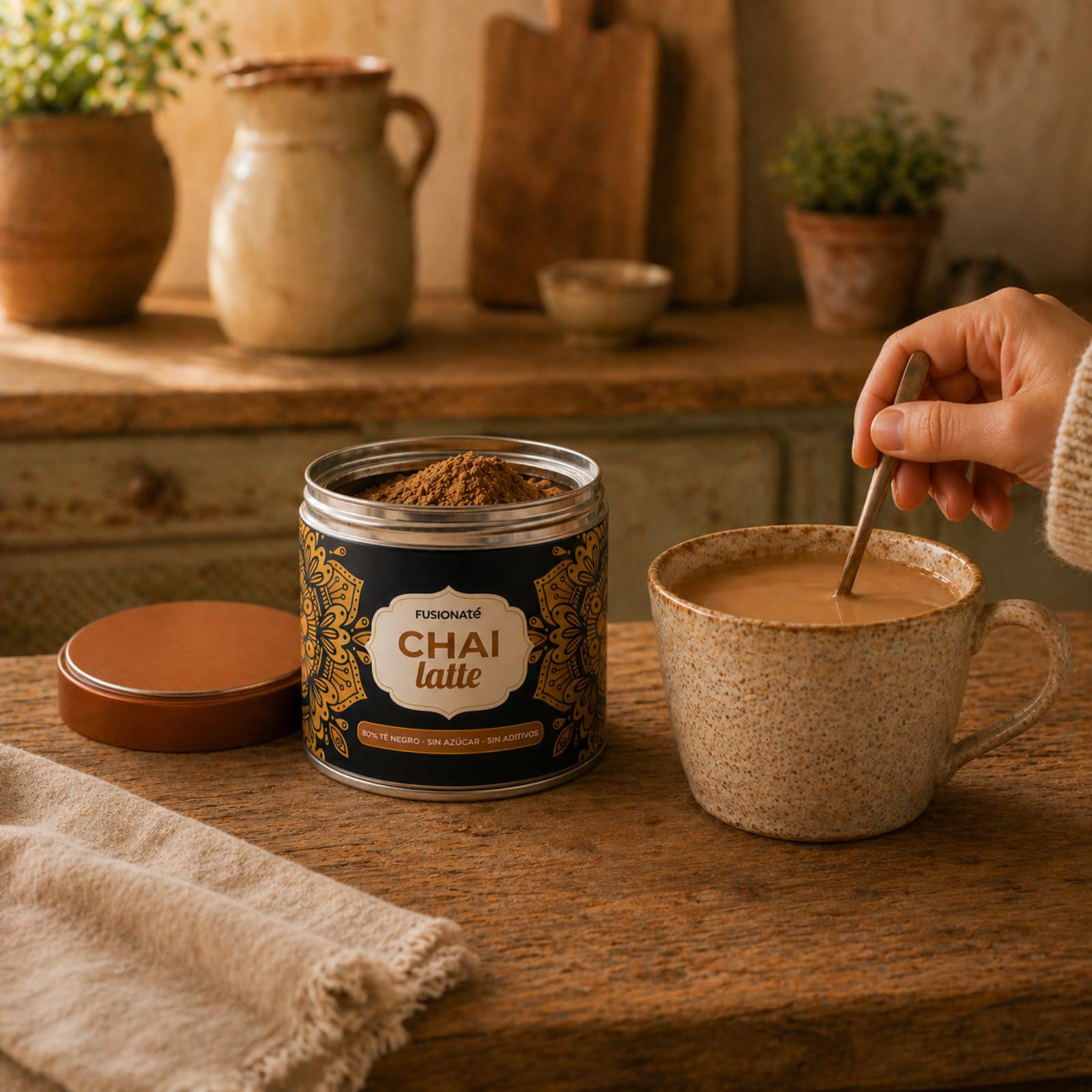 FUSIONATE Chai Latte 80% Té Negro India | Sin Azúcar | Masala Instantáneo en Polvo | Jengibre, Canela y Pimienta | Sin Aditivos | 100g