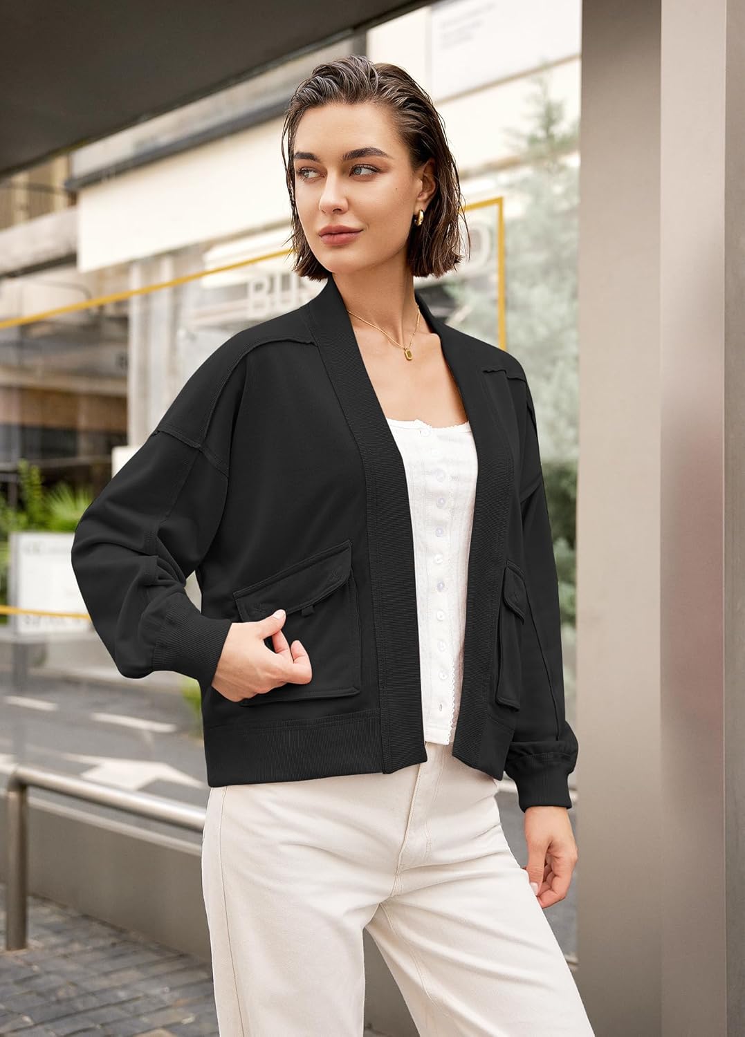 Panadila Womens Cropped Jackets Oversized Cardigans Long Sleeve Open Front Sweatshirt Cardigan Fall Coats