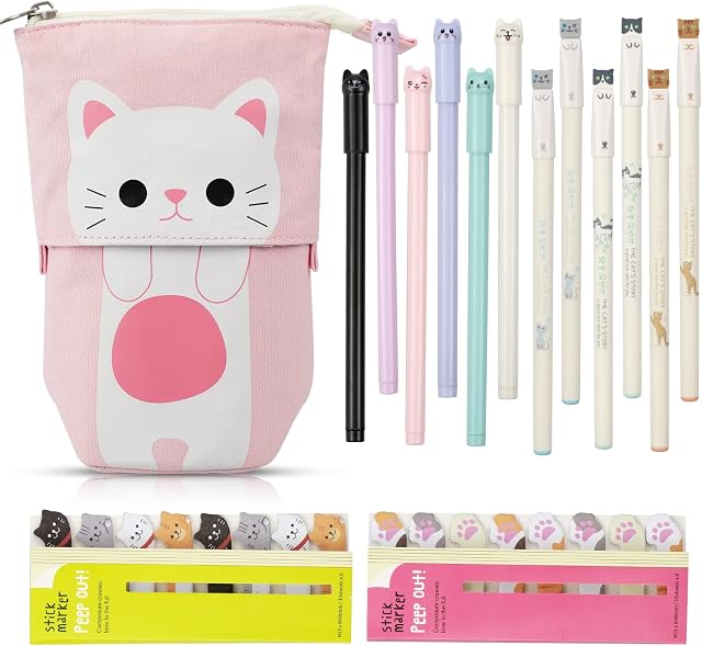 hocadon Canvas Cat Telescopic Pouch Bag with 6pcs Cute Cat Pens Black Ink 0.5 mm, 6pcs Cute Cat Pens 0.38 mm, 320pcs Cat Notes Page Flags Index Tabs, Cute Cat Stationery Set 15 Pieces