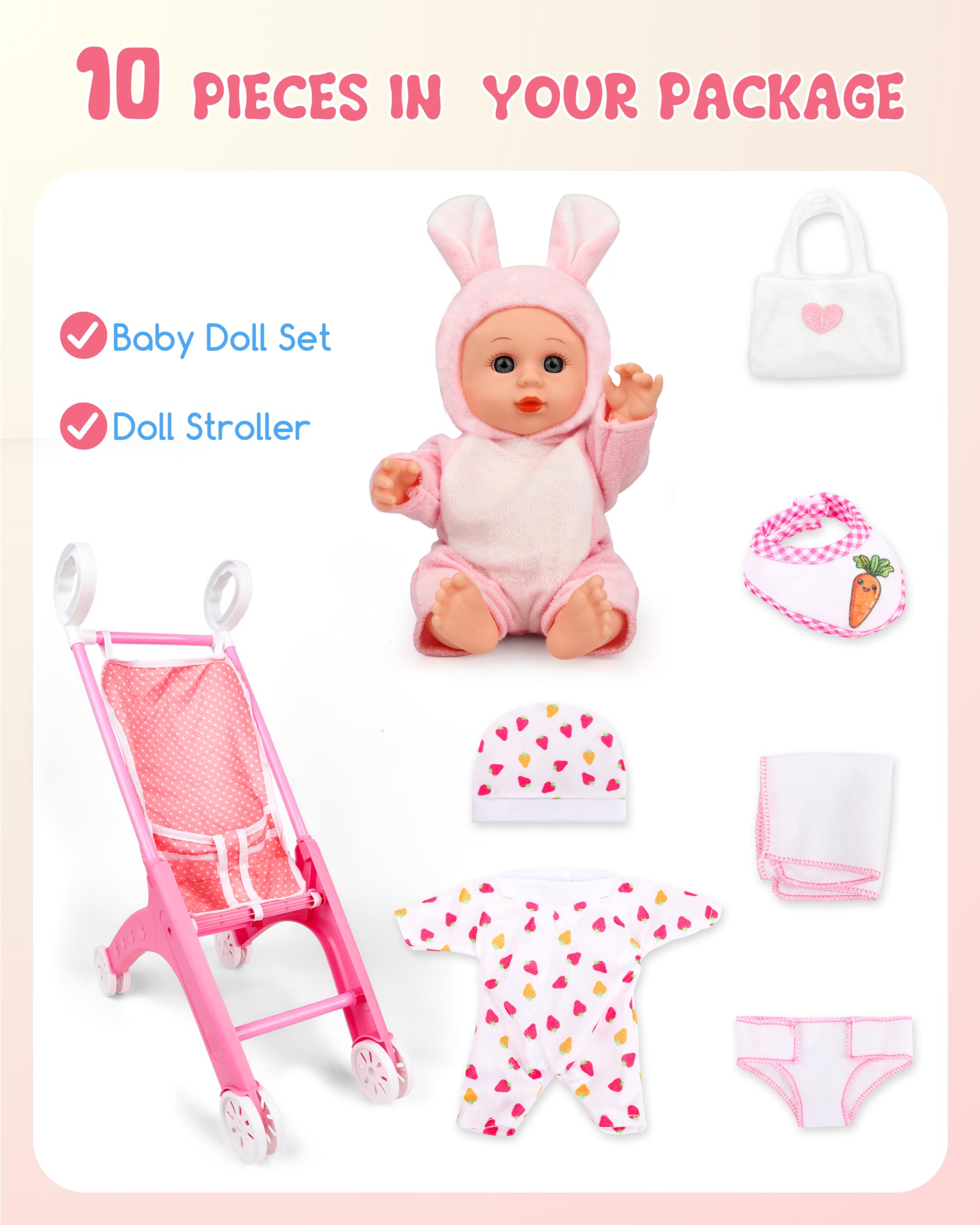 Puppenwagen Set mit Puppe, 10-TLG, Puppenbuggy ab 2 Jahre, Set mit Kleidung & Zubehör,Kinderwagen Spielzeug für Rollenspiele, Geschenk für Mädchen
