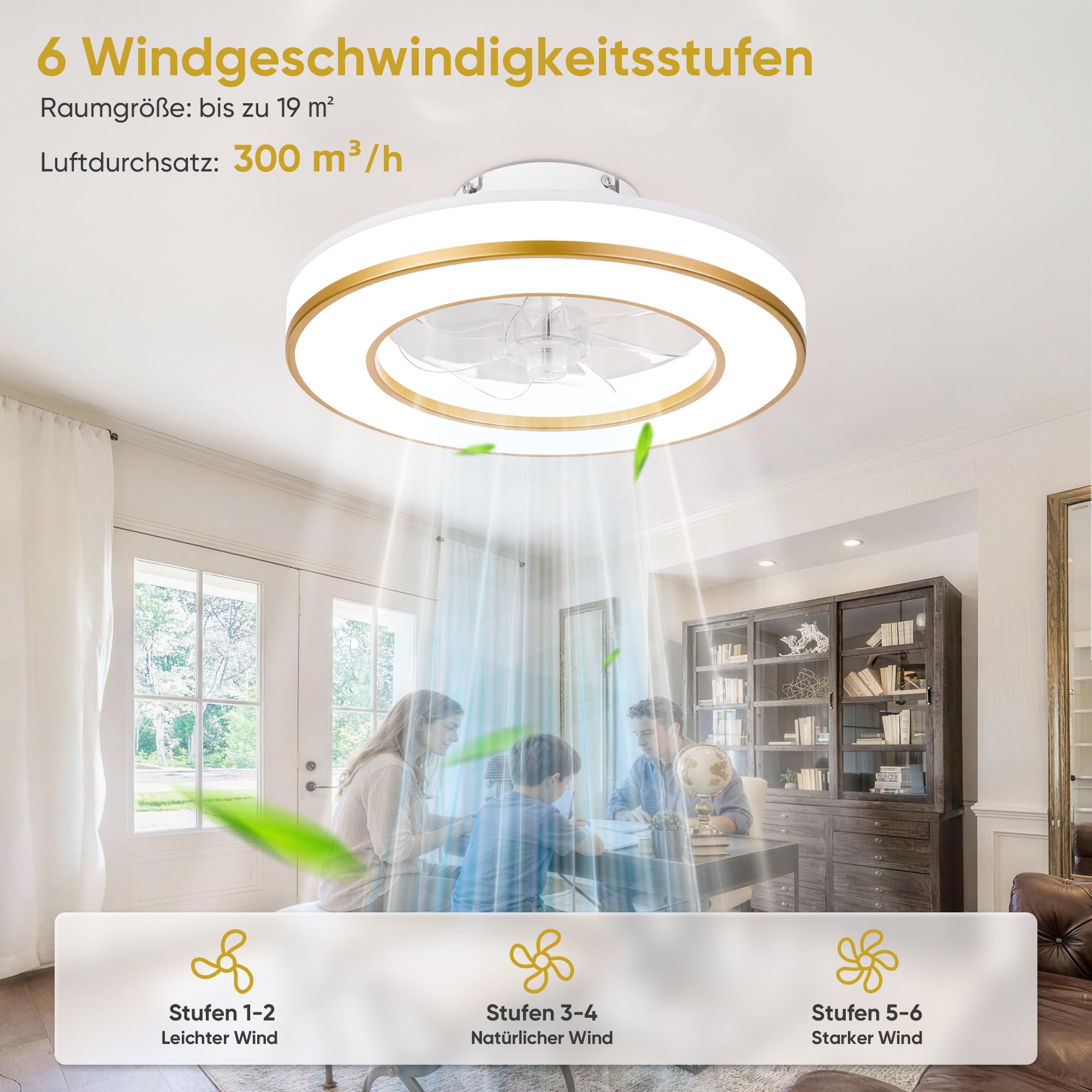 DOMANKI Deckenventilator mit Beleuchtung 42 cm RGB-Ambientelicht, Leiser DC-Motor, 6 Stufen Dimmbar, Sommer-/Wintermodus, Fernbedienung, Gold