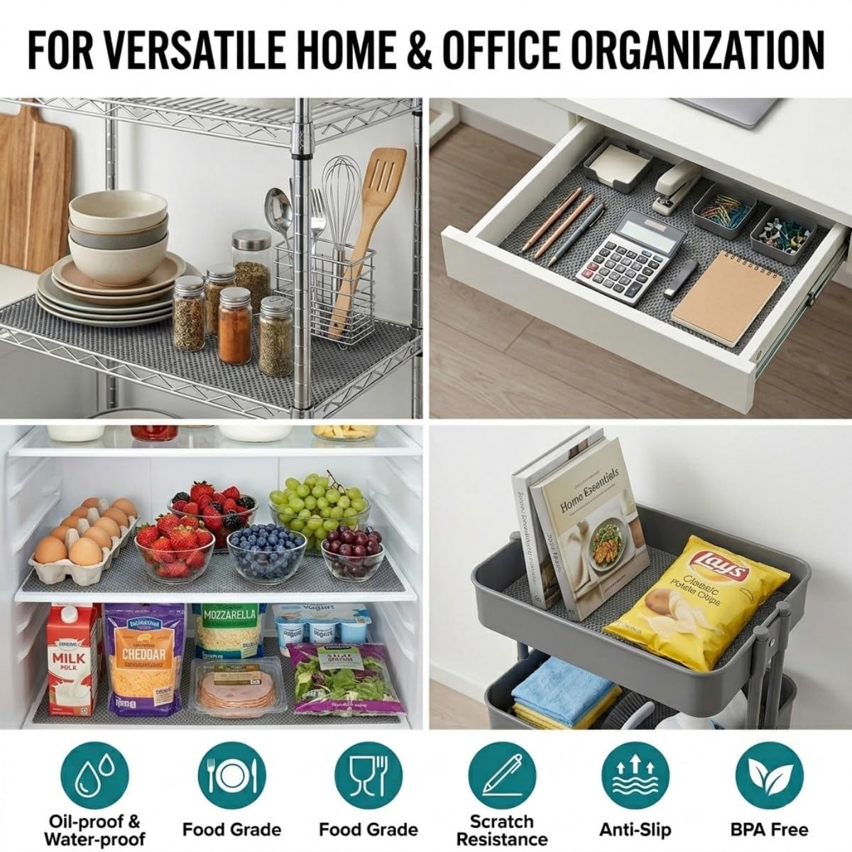 Tappetino antiscivolo multiuso, motivo a griglia, in PVC, non adesivo, per mensole, cassetti, bagno, cucina, pavimento impermeabile per casa e ufficio, auto, roulotte, 200 x 50 x 0,3 cm (grigio scuro
