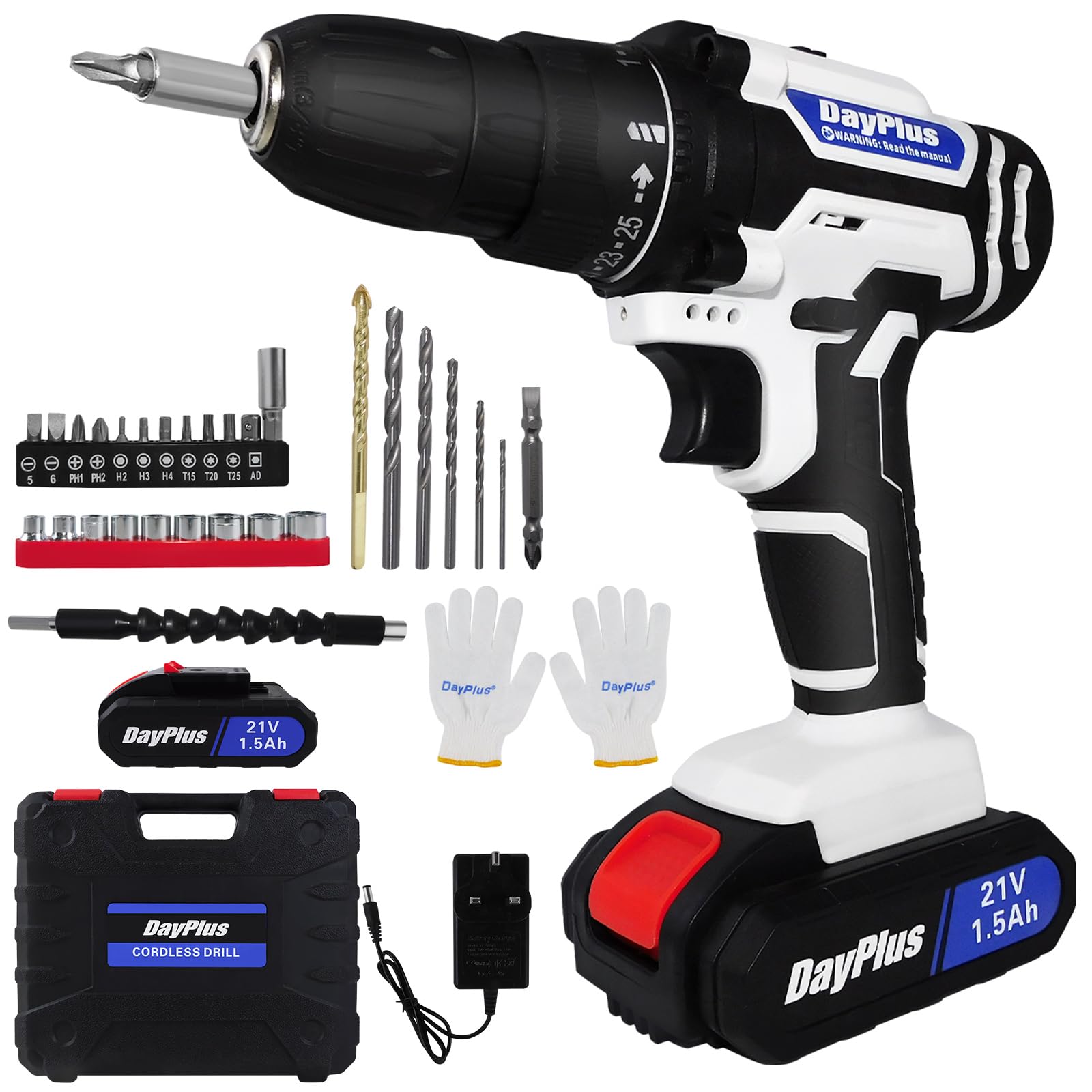 21V Cordless Drill Driver with 1.5Ah Battery and Charger, 25+1 Torque 45Nm Electric Power Drill Set Cordless Screwdriver, 3/8" Keyless Chuck 2 Speed Combi Driver with 29 Accessories, LED Light, Kitbox