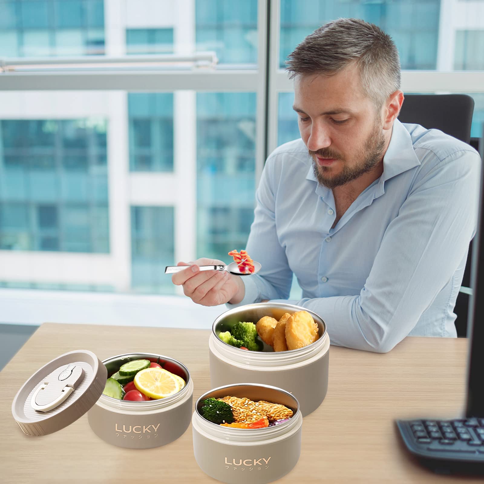 Juego de contenedores de almuerzo portátiles aislados, caja Bento para adultos con bolsa de almuerzo aislada, 4 contenedores térmicos apilables separados para adultos, color marrón 8