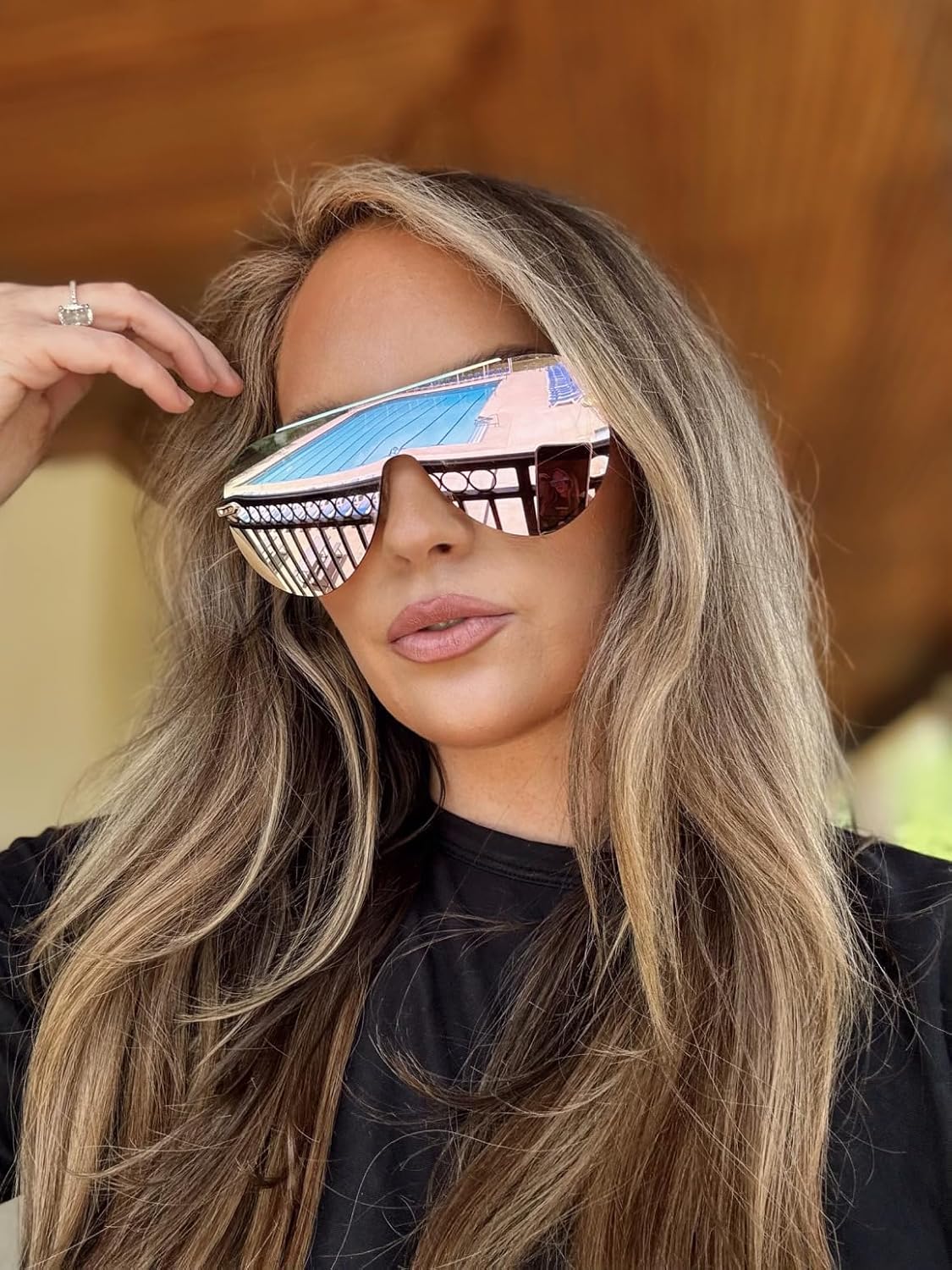 DIFF Imani Designer Oversized Shield Sunglasses for Women UV400 Protection, Gold + Cherry Blossom Mirror - Image 8