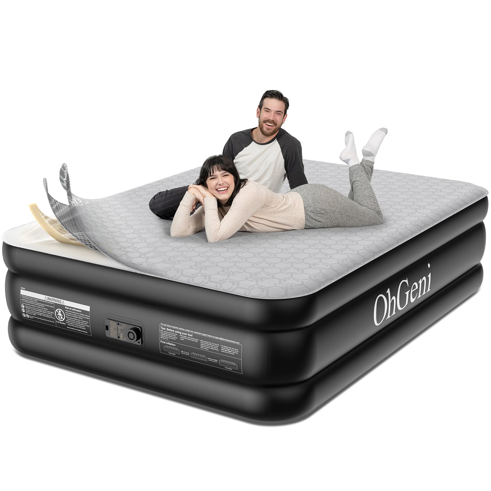 OhGeni Luxury Queen Air Mattress with Built-in Pump, Silk Foam Topper for Superior Comfort, 18