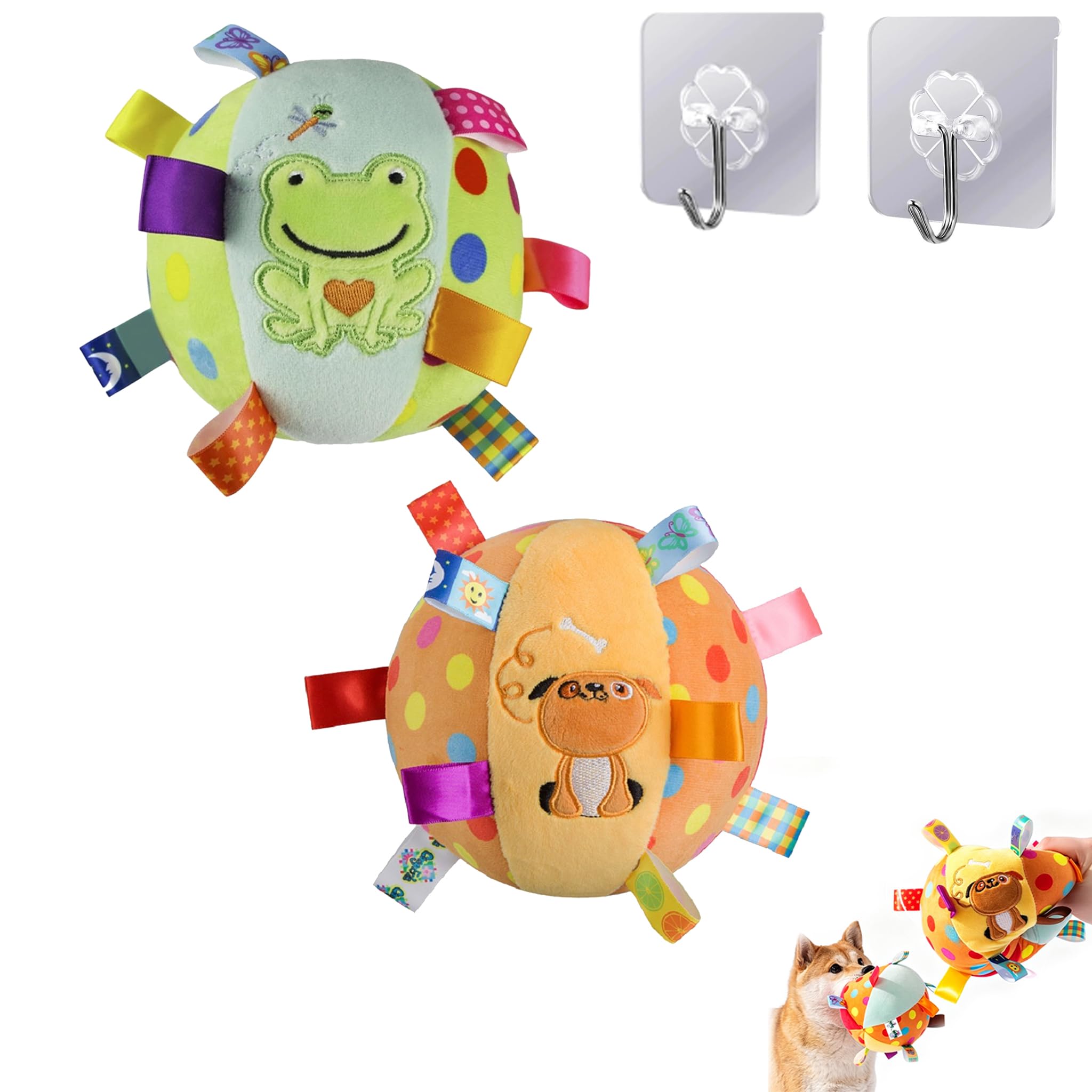 Colorful Squeaky Hanging Dog Training Toy, 6-Inch Soft Stuffed Ball with Cotton Material & Built-in Bell, Interactive Elasticity Chew Toy with Straps for Small to Large Dog (2PCS/K)