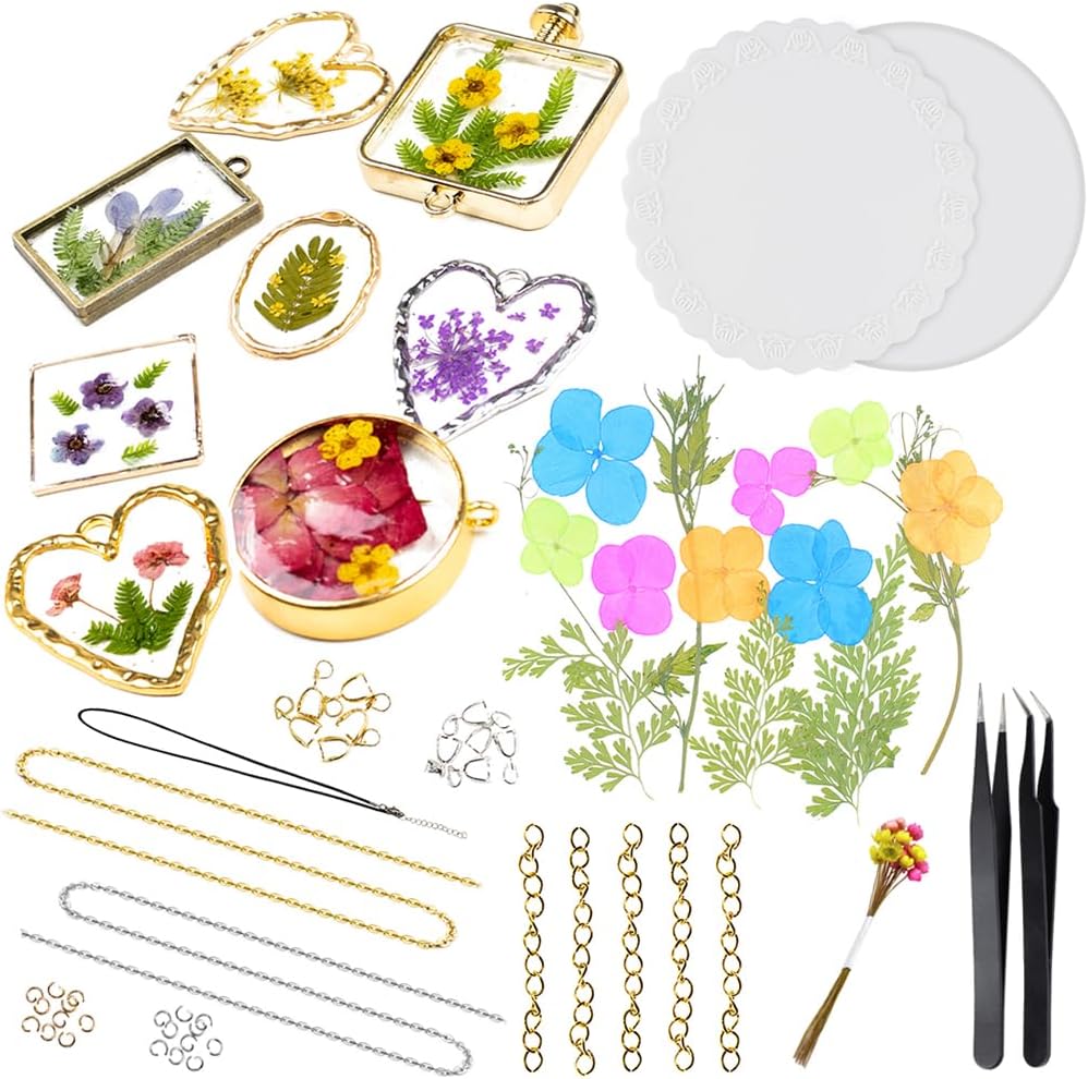 FUNSHOWCASE Open Bezel Charms Set with Pressed Flowers, Chains, Silicone Mats, Tweezers, Jewelry Making Supplies 52-Pack