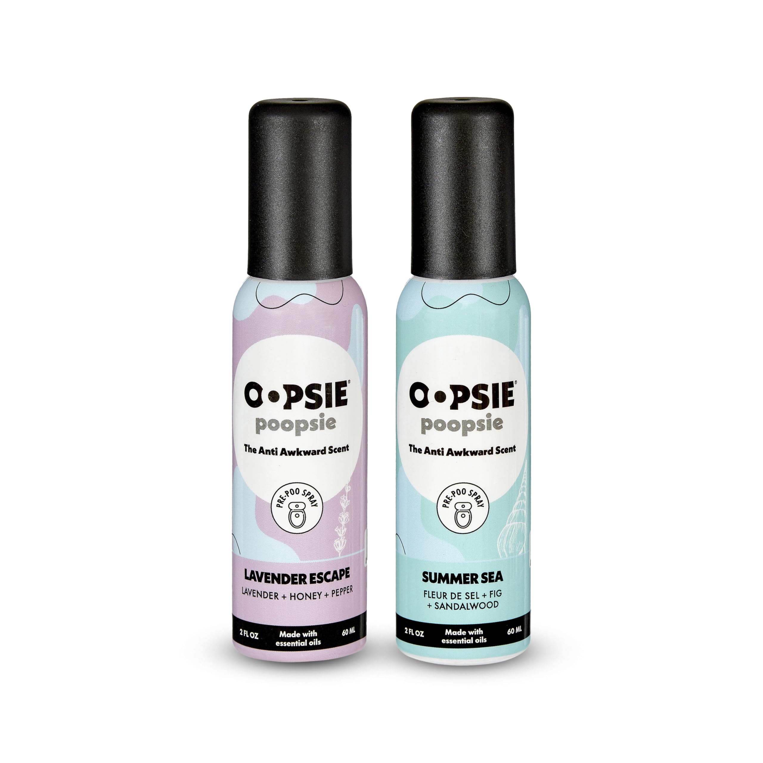 Oopsie Poopsie Pre GO toilet spray, discreet & portable original Pre-poo spray to use on the go. Assorted scents Lavender Scape/Summer Sea Toilet Odor Eliminator 2oz bottle Gift Set 2 pack
