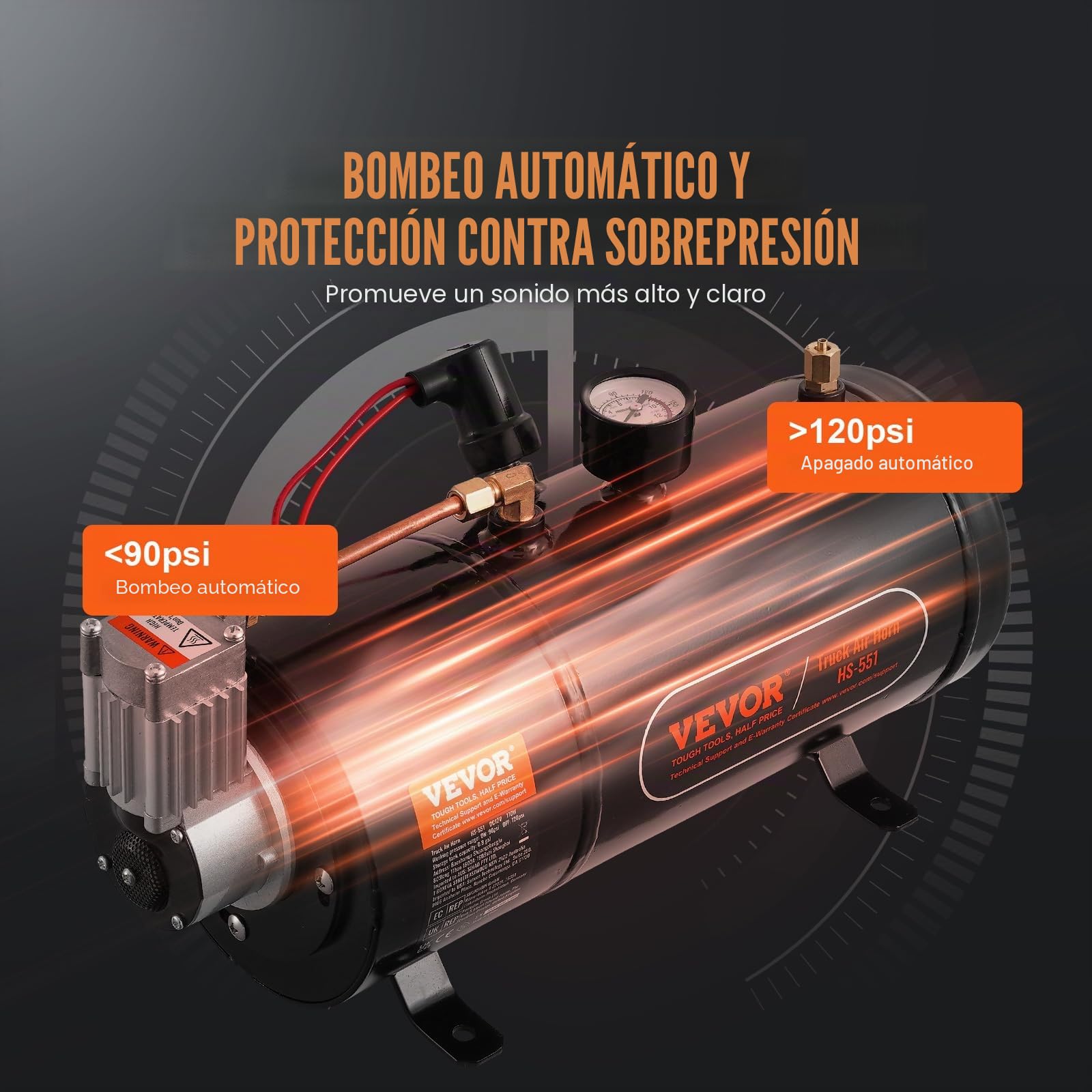 VEVOR Compresor de Aire para Kit de Bocina 90-120 psi Bomba de Aire con Tanque de 3 L para Inflar Neumáticos Colchones de Aire Compatible con Todos los Vehículos de 12 V Trenes Barcos Coches Taller