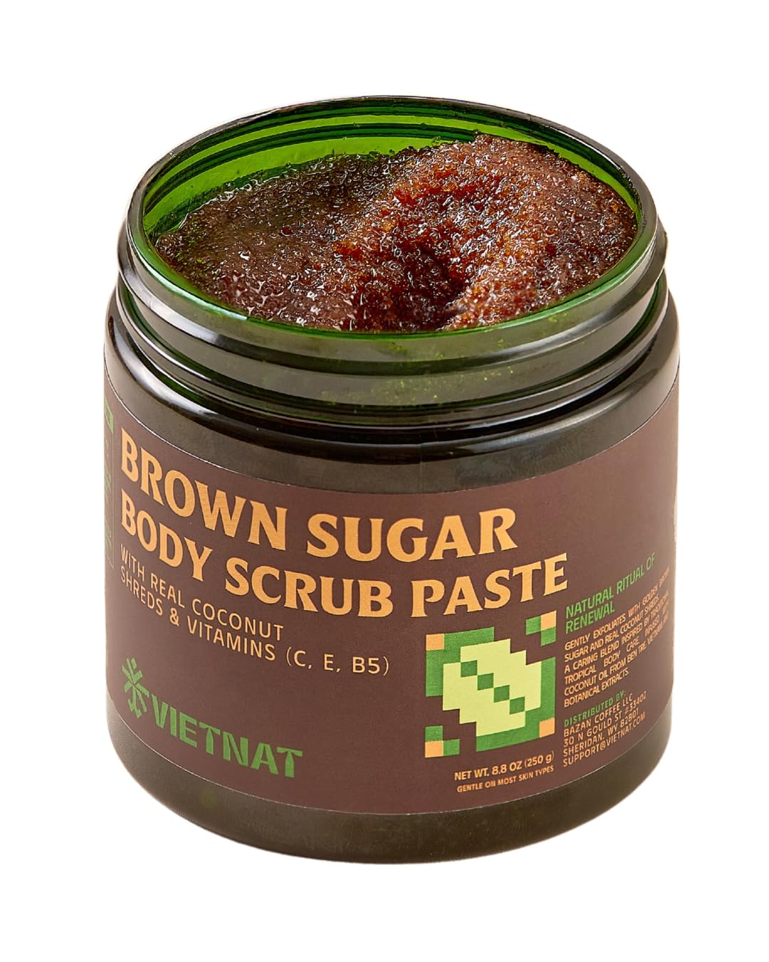 Exfoliating Brown Sugar Body Scrub with Coconut Shreds, Vitamins C, E & B5 – Softens & Refreshes Look of Skin – 8.8 oz