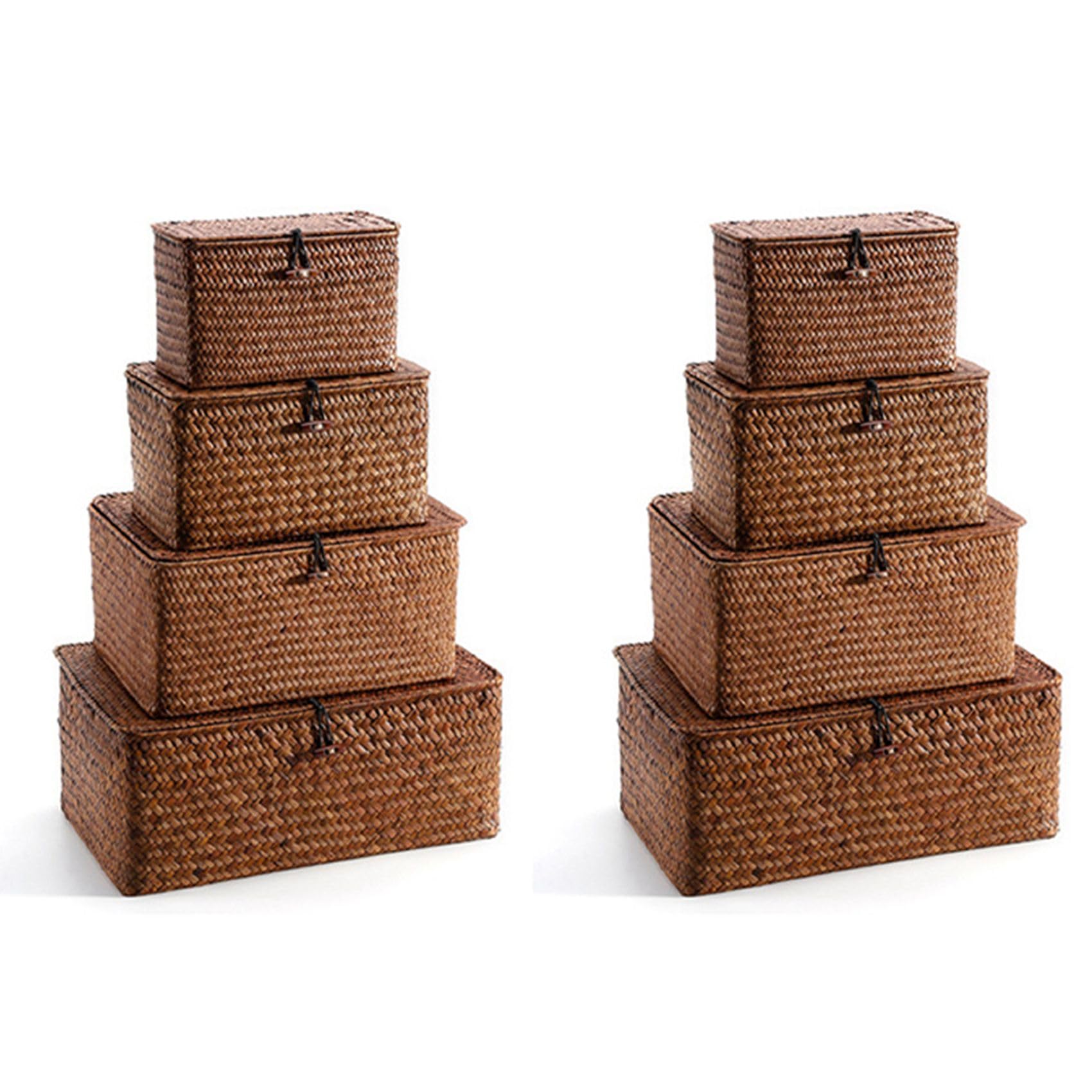 Hndhbfgrt Woven Straw Storage Bins with Lid - Set of 8 - Rectangular Seagrass Basket/Storage Basket for Shelf Organizer