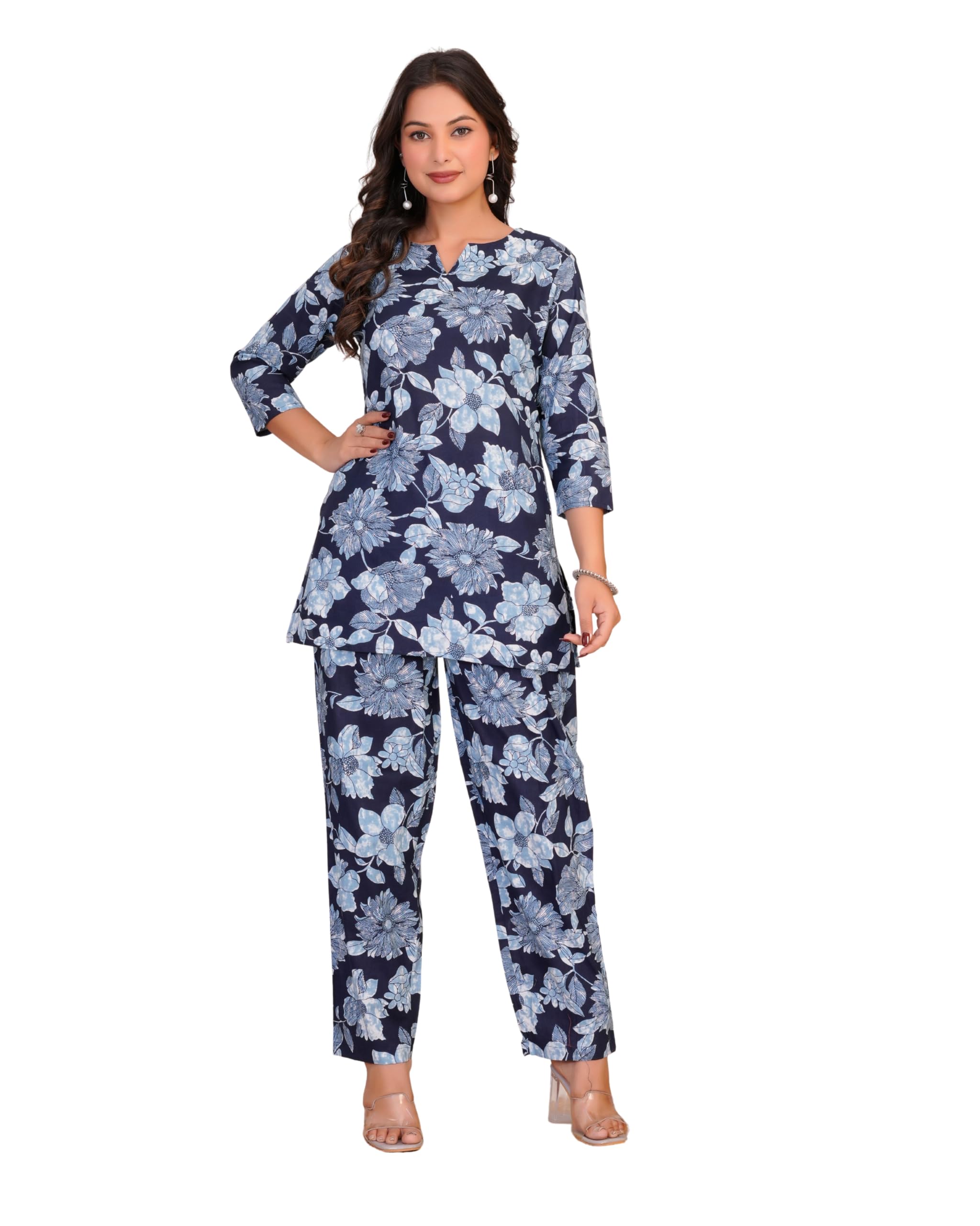 Women's Cotton Floral Printed Co-ord Set, Steel Blue, Relaxed Fit, Short Top & Pyjama Night Suit for Women-picture-62