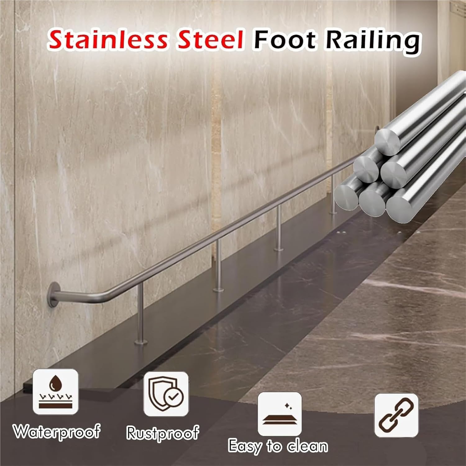 8ft Heavy Duty Stainless Steel Bar Foot Rail, Supports 300+ lbs, Complete with Strong Brackets & Mounting Hardware, Perfect for Hotels, Restaurants & Kitchen Islands