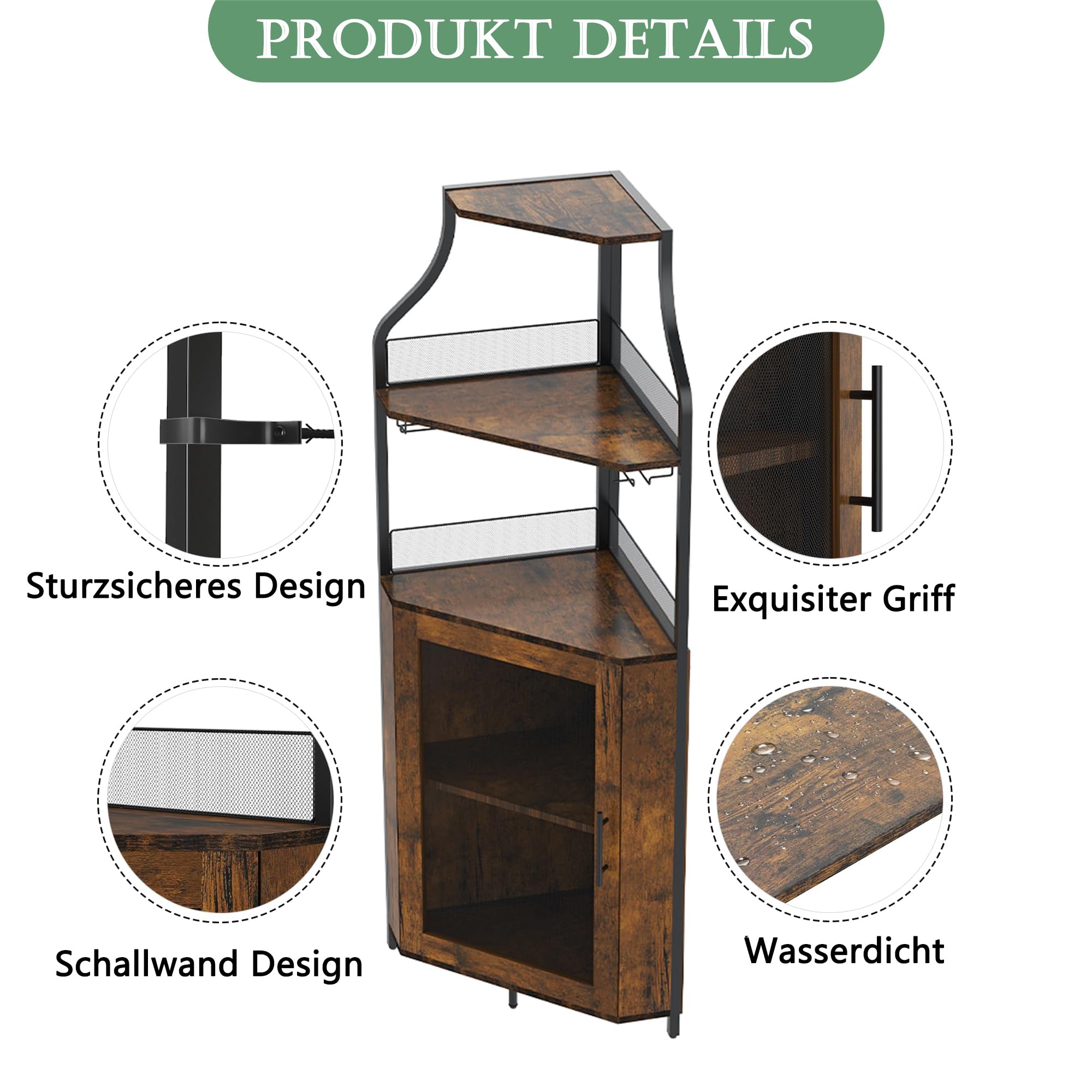 Litake Eckbar-Kommode, Flaschenregal Mit Verstellbaren Regalen, 5-Schichten Landhausweinkommode Mit Verschließbarem Tür Und Verstellbaren Füßen Für Esszimmer, Wohnzimmer, Küche, Rustikaler Braun
