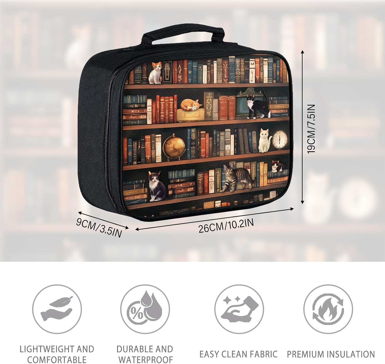 Lunch Box Kids Book, Cat Insulated Lunch Box for Kids Teen Boys Girls with Zippered Pocket, Reusable Portable Toddler Library Cat Lunch Bag, Keep Food Fresh Lunchbag for Office Work Travel Picnic - Image 2