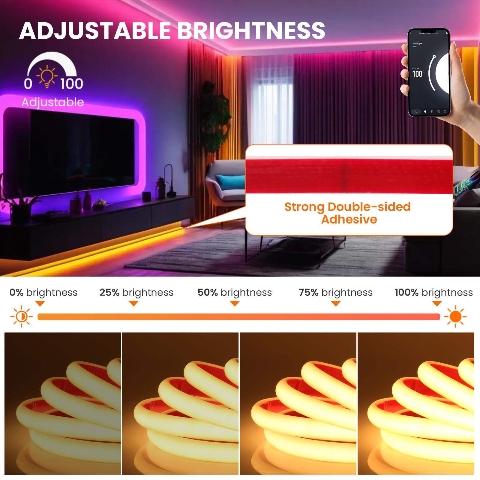 KISUFU Nastro LED COB 12 V, impermeabile IP68, 320 LEDs/M, super luminoso, fascia flessibile a LED, striscia luminosa con Wifi dimmer per casa, camera da letto, cucina, decorazione, bianco, 5 m