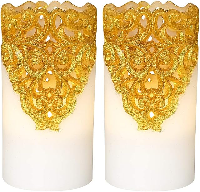 Eldnacele Flameless Christmas Gold Candles with 5H Timer, Flickering Real Wax Battery Operated Pillar Candles for Christmas Church Candles Pack Decoration Gold Set of 2