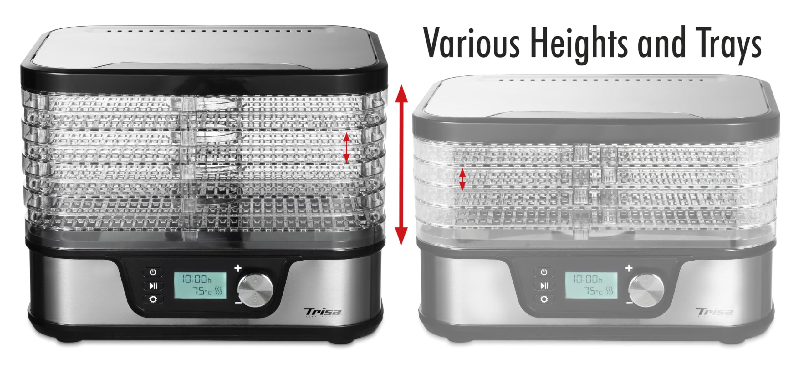 Trisa Healthy Snack Dörrautomat, 380W, 35-75°C, LCD-Display, 5 Jahre | 380W Umluft-Dörren, 35–75°C präzise regelbar, LCD-Display mit Timer, Wählbar 3 oder 5 Gitter, Kräuternetz inklusive