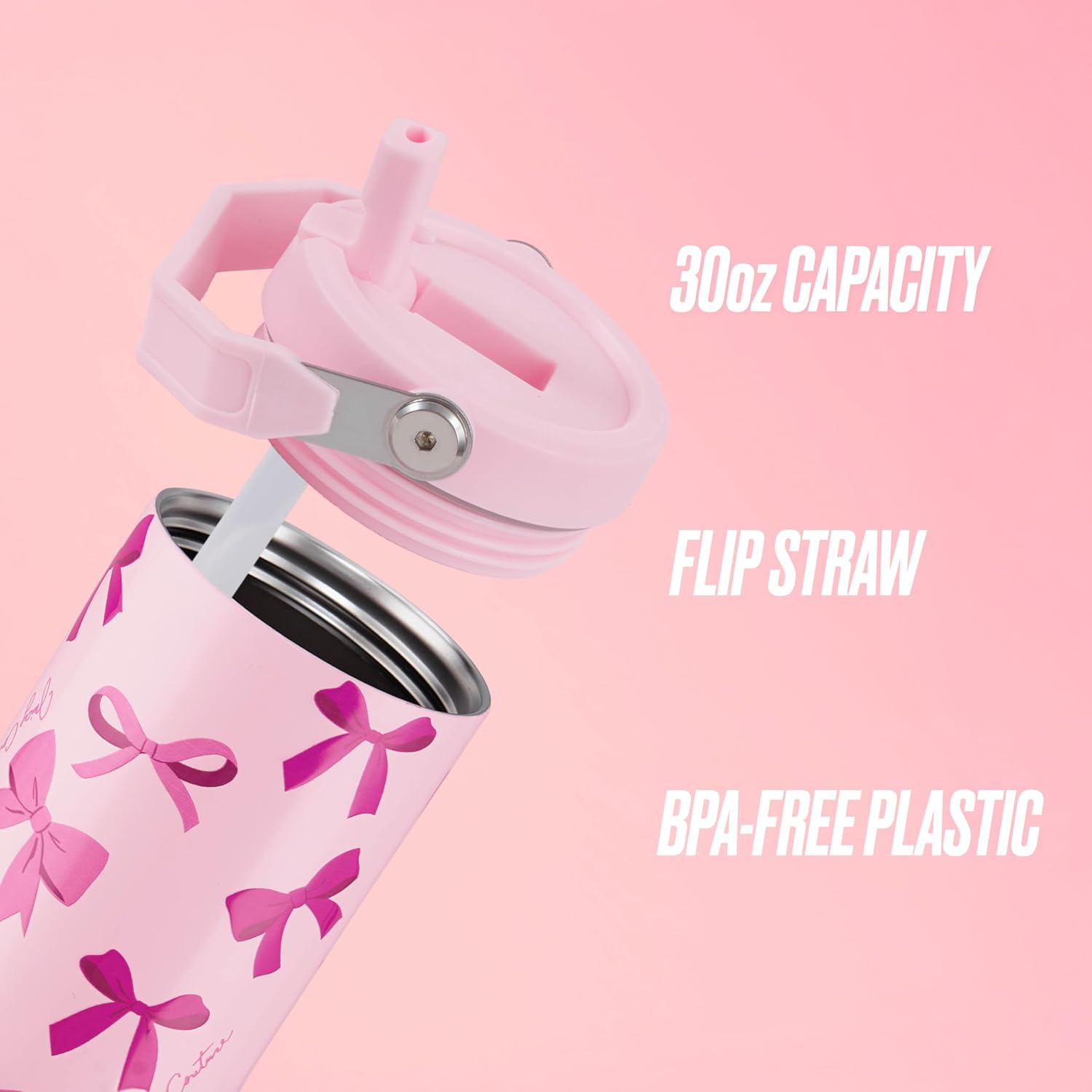 Juicy Couture Flip & Sip Insulated Tumbler with Handle and Straw, 30 oz, Pink Bows
