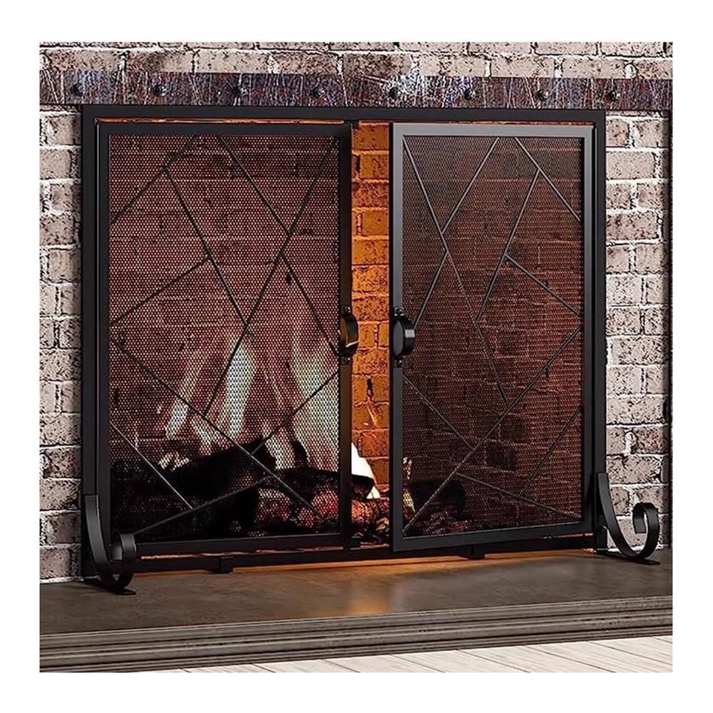 Salvachispas Chimenea Mampara for Chimenea de Doble Puerta for con Puertas batientes Marco Hierro Fundido Acabado Malla metálica Duradera Color Negro Protector Chimenea