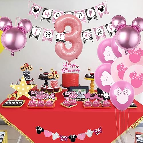 Miniatura 3 de Suministros para fiesta de cumpleaños de 3 años de Minnie 3 años, decoraciones de fiesta de cumpleaños de Minnie 3er cumpleaños, decoración de