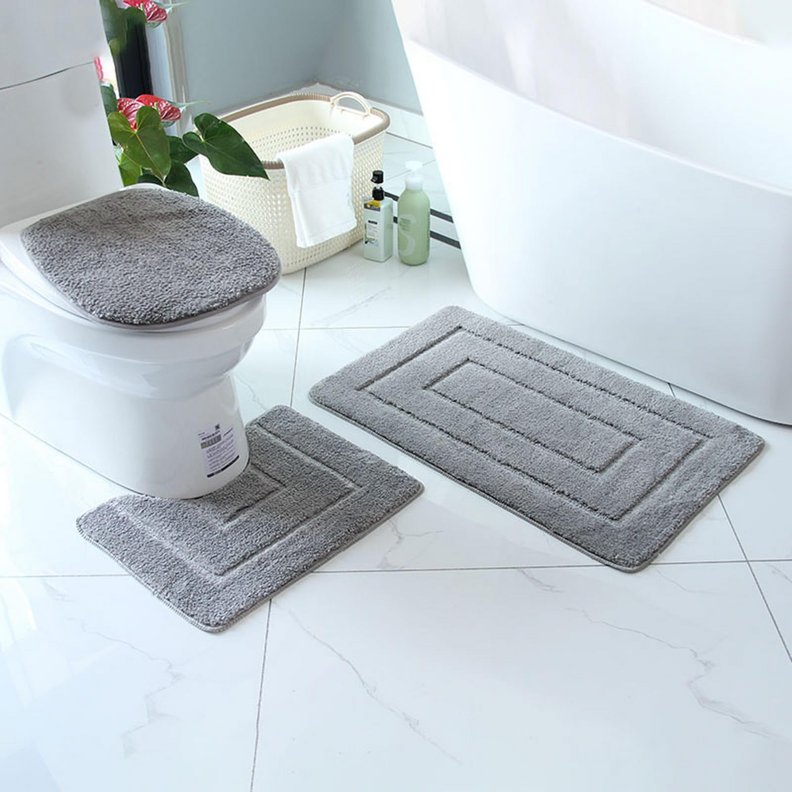 Tapis de salle de bain antidérapant lot de 3 tapis gris absorbants en microfibre