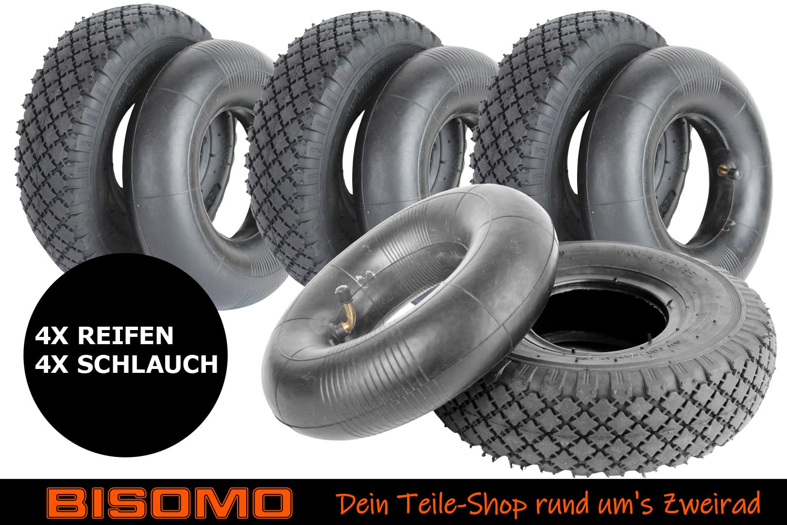 4x Reifen 3.00-4 Zoll, 260x85mm PR4 + Schlauch Autoventil 90° bis 200Kg